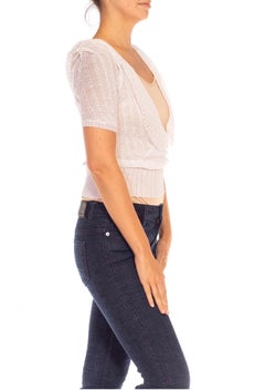 1930S White Rayon Knit Crisscross Ruffle Trim Blouse