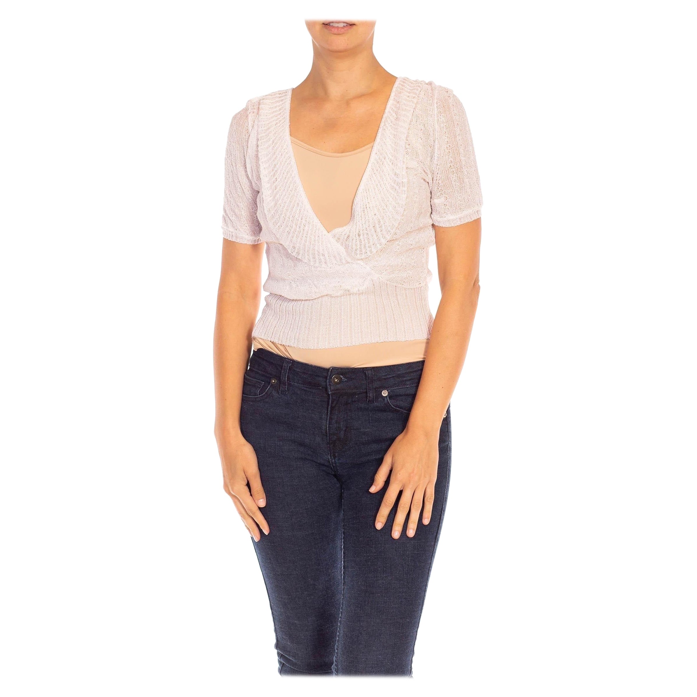 1930S White Rayon Knit Crisscross Ruffle Trim Blouse For Sale