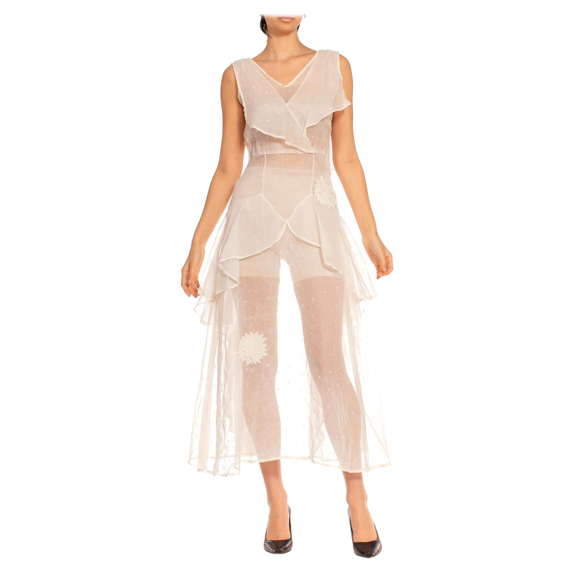 1930S White Rayon Sheer Broiderie Dress With Layered Ruffle Neckline