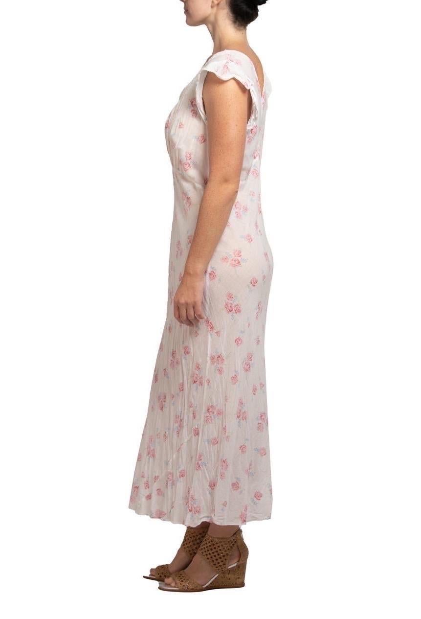 Women's 1930S White With Pink And Blue Floral Print Lace Organic Cotton Bias Negligee XL For Sale