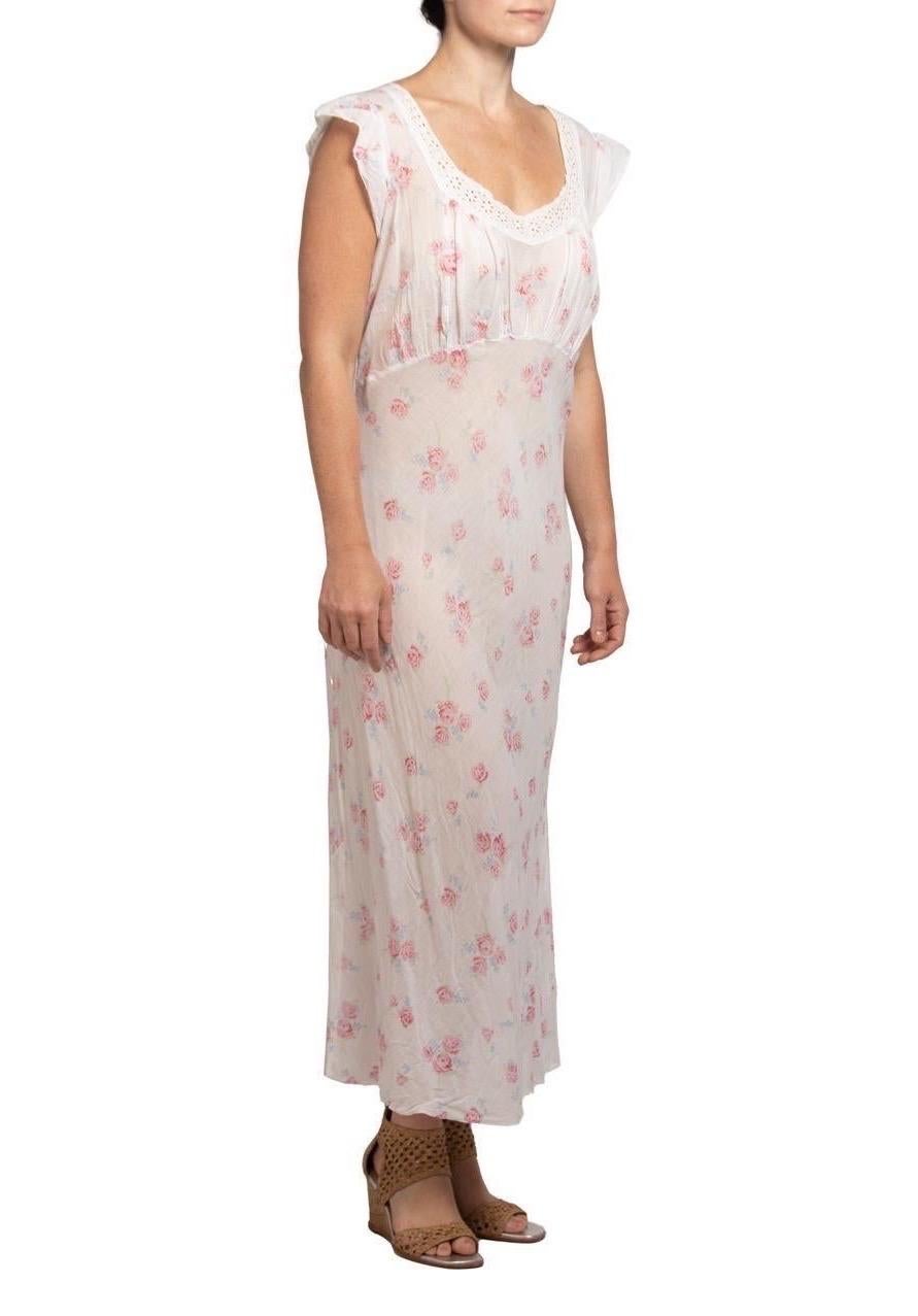 1930S White With Pink And Blue Floral Print Lace Organic Cotton Bias Negligee XL For Sale 3