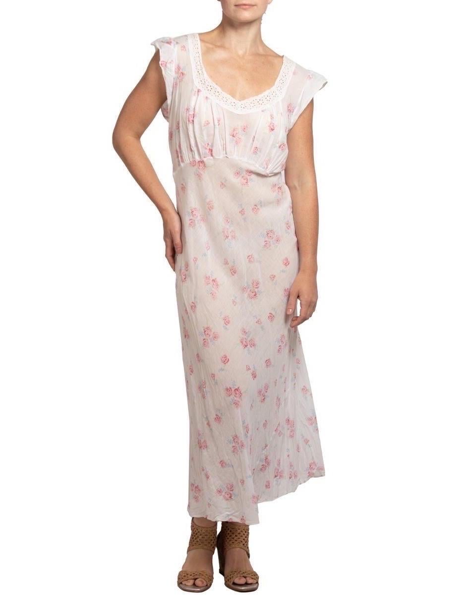 1930S White With Pink And Blue Floral Print Lace Organic Cotton Bias Negligee XL For Sale 4