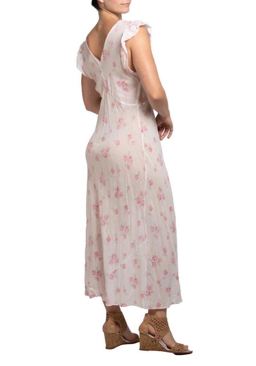 1930S White With Pink And Blue Floral Print Lace Organic Cotton Bias Negligee XL For Sale 5