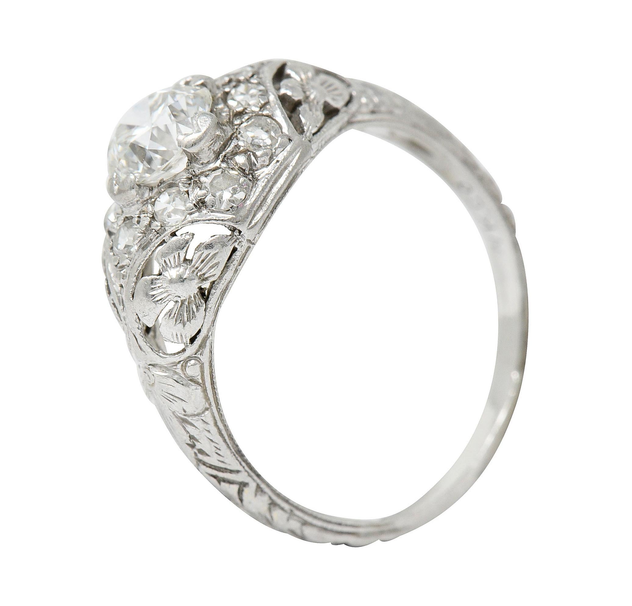 1930's William Kinscherf Co. 0.85 Carat Diamond Platinum Floral Engagement Ring 4