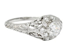 1930's William Kinscherf Co. 0.85 Carat Diamond Platinum Floral Engagement Ring