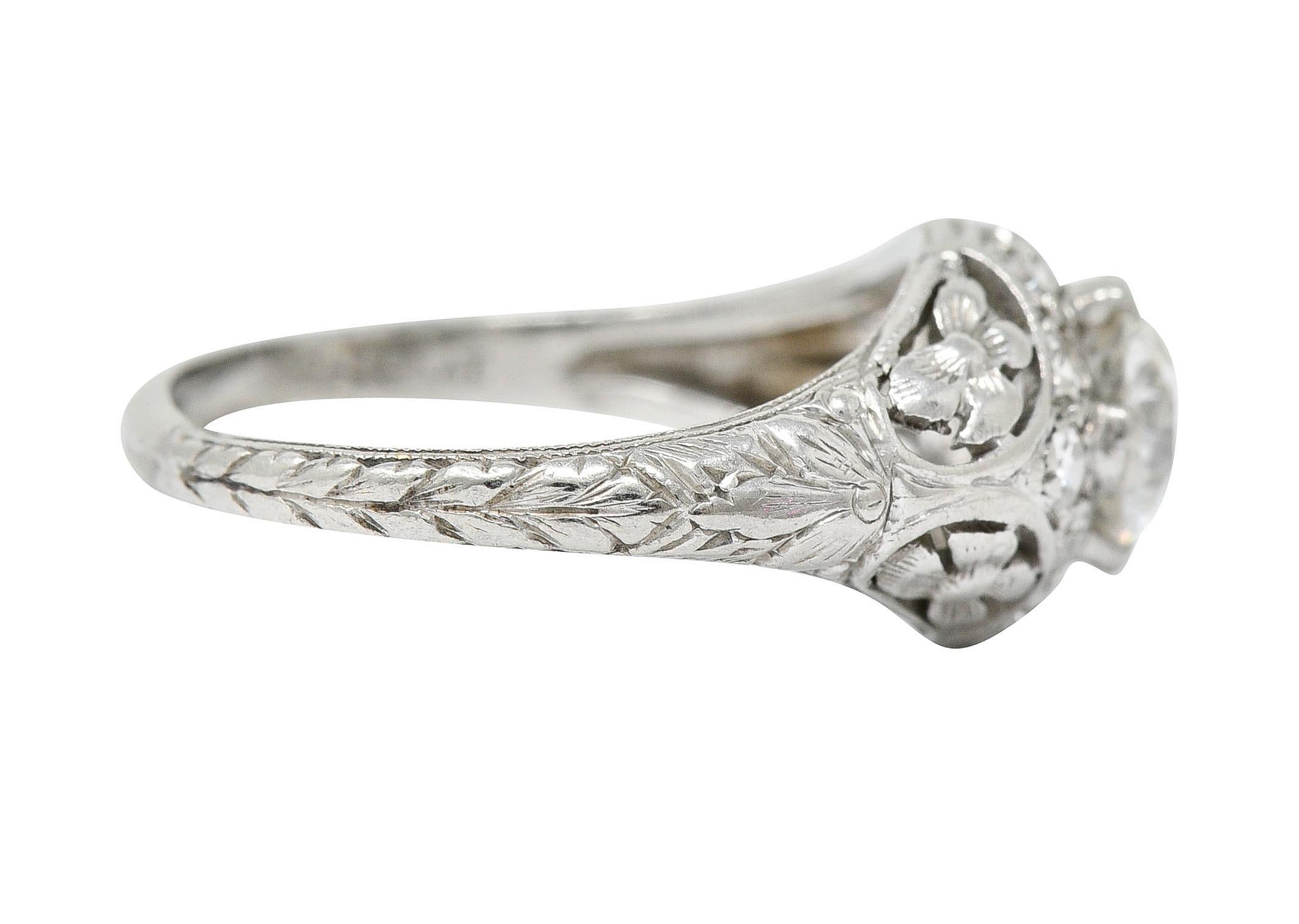 Retro 1930's William Kinscherf Co. 0.85 Carat Diamond Platinum Floral Engagement Ring