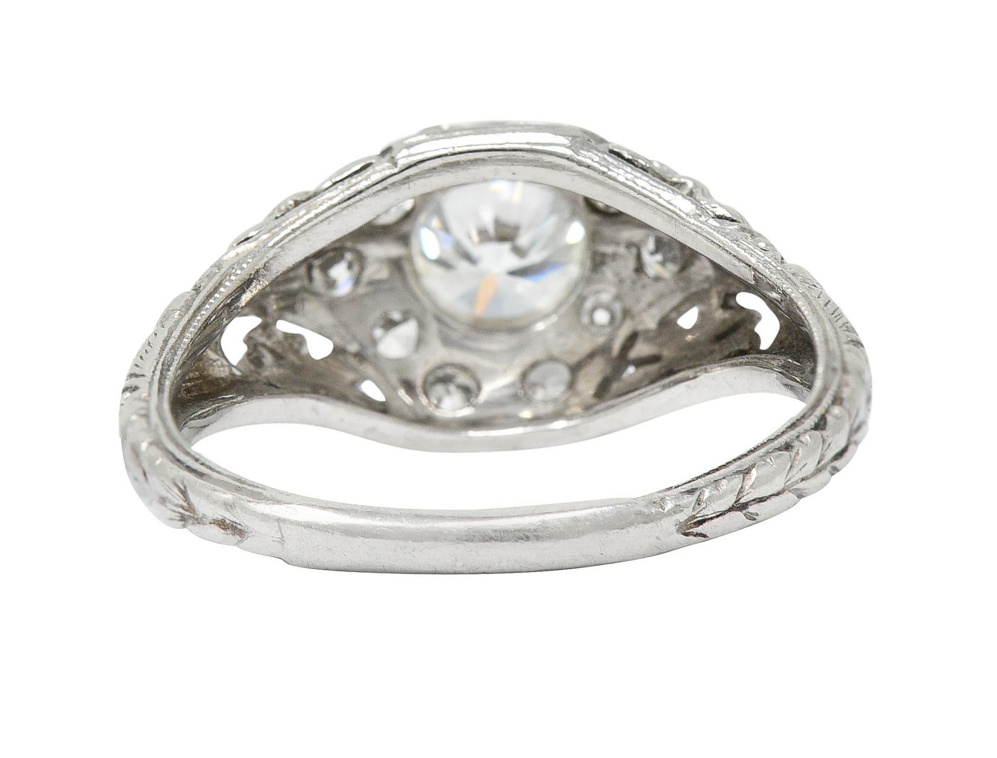 Single Cut 1930's William Kinscherf Co. 0.85 Carat Diamond Platinum Floral Engagement Ring
