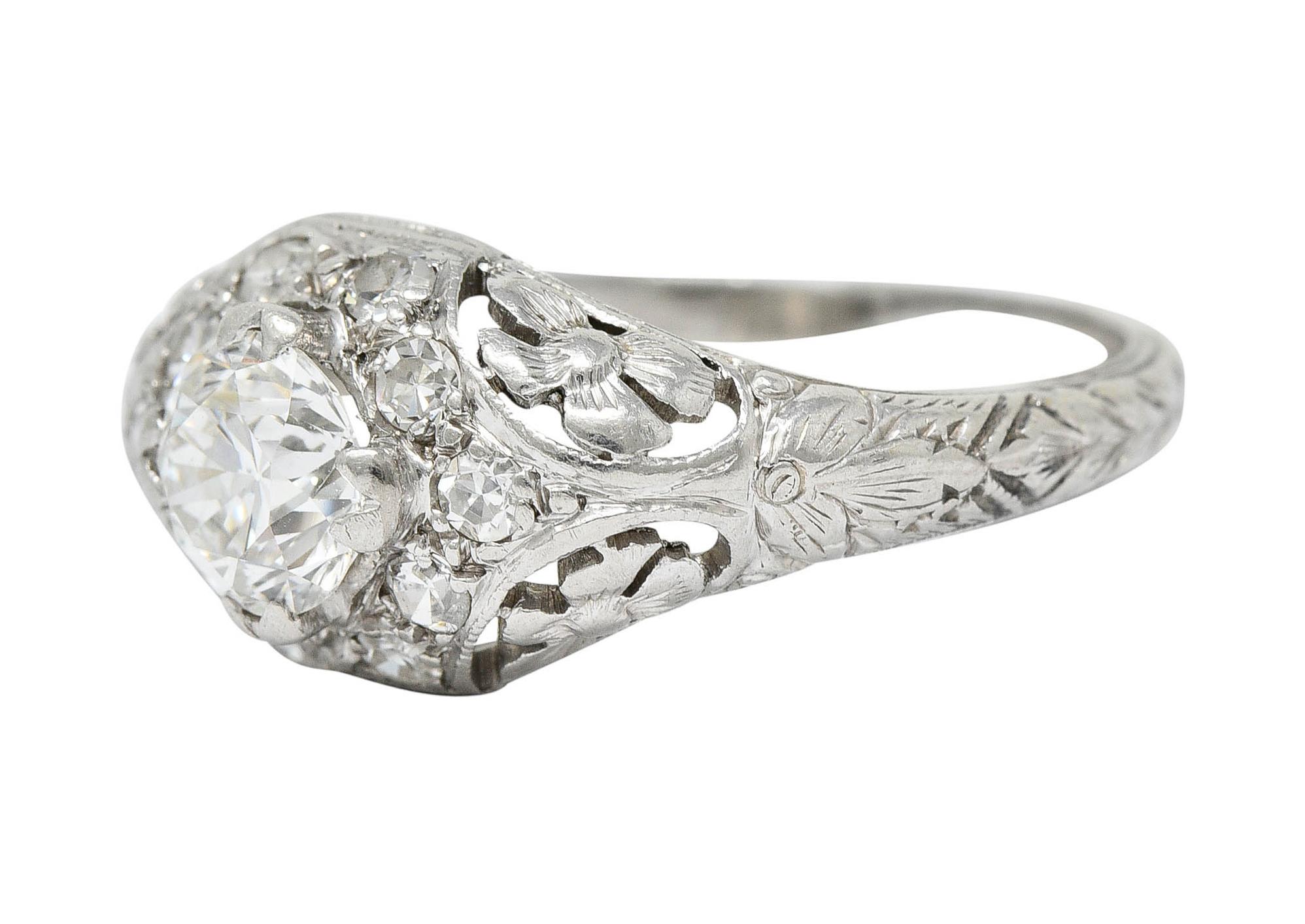 Women's or Men's 1930's William Kinscherf Co. 0.85 Carat Diamond Platinum Floral Engagement Ring