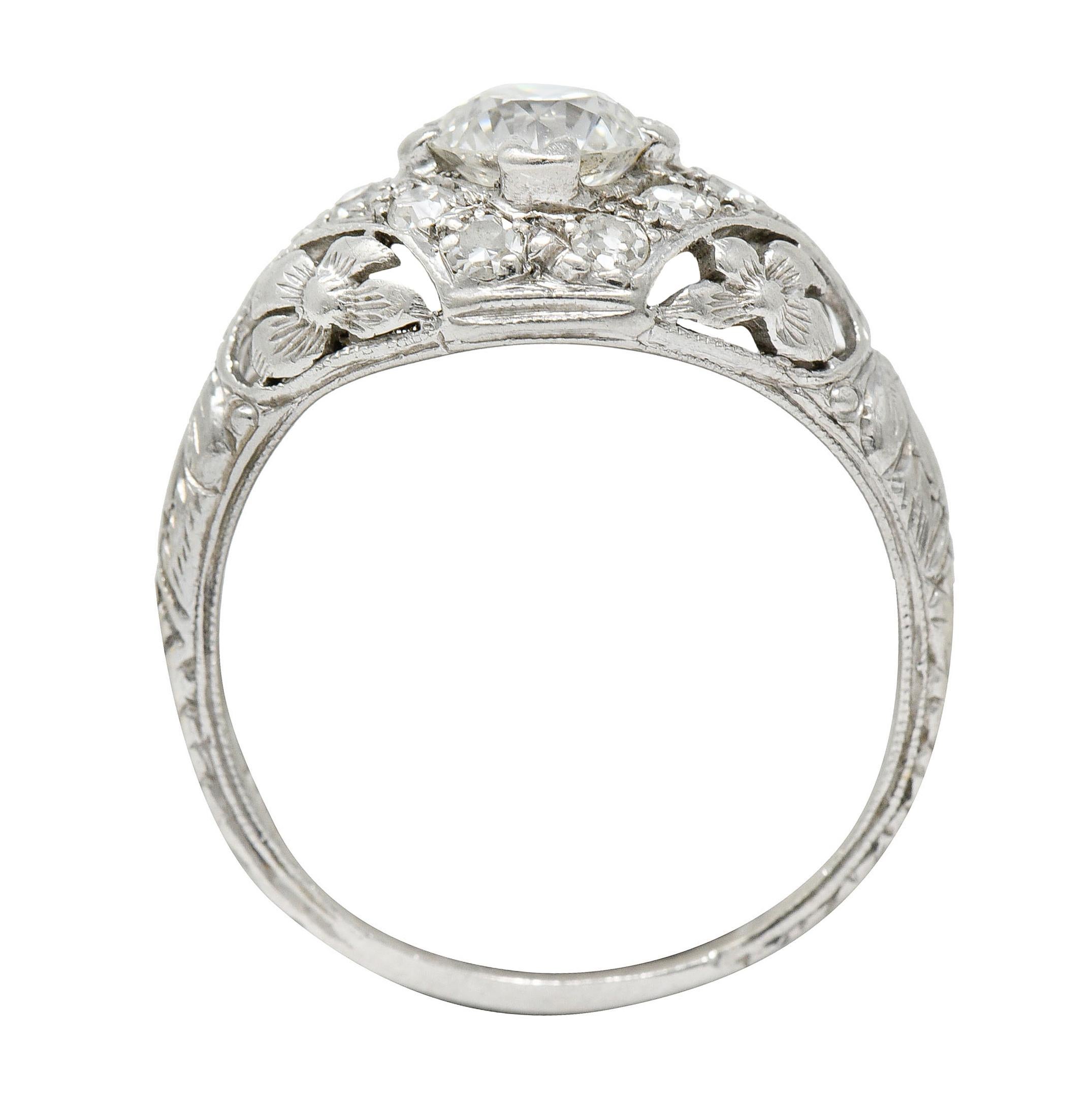 1930's William Kinscherf Co. 0.85 Carat Diamond Platinum Floral Engagement Ring 1