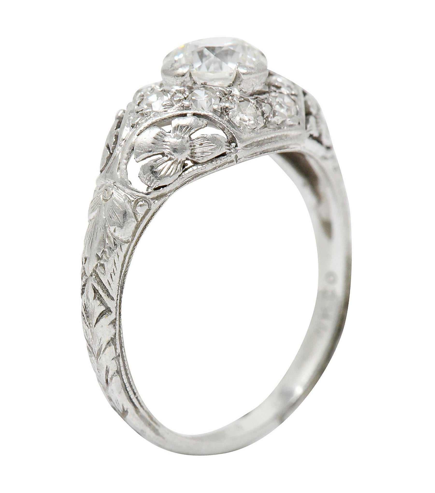 1930's William Kinscherf Co. 0.85 Carat Diamond Platinum Floral Engagement Ring 2