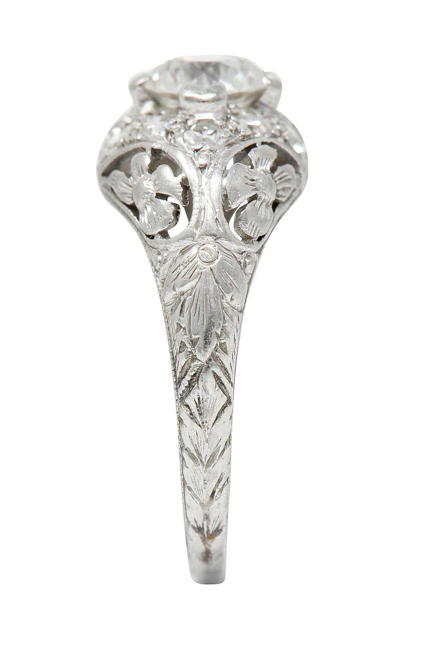1930's William Kinscherf Co. 0.85 Carat Diamond Platinum Floral Engagement Ring 3