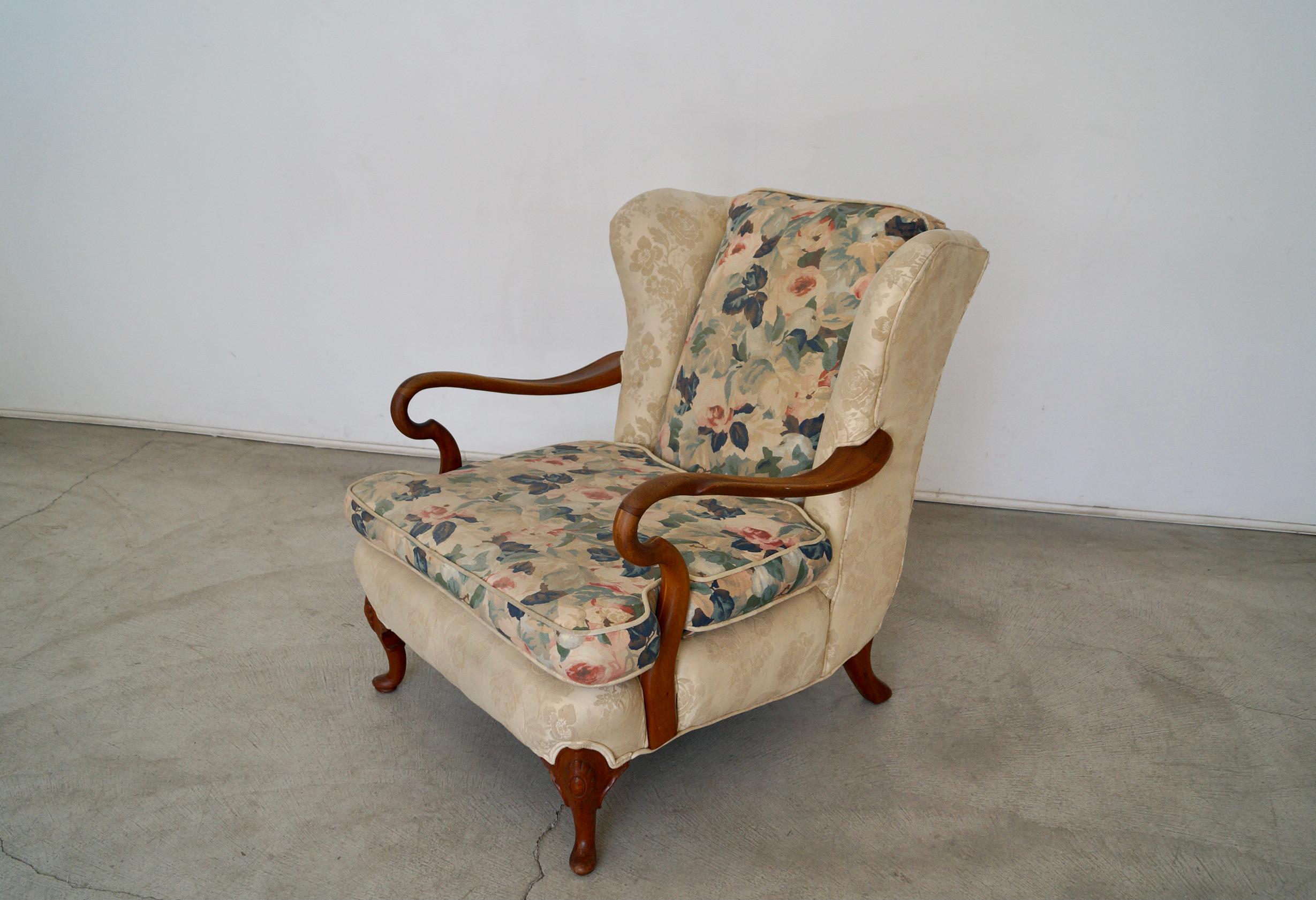 Queen Anne 1930's Wingback Lounge Chair For Sale