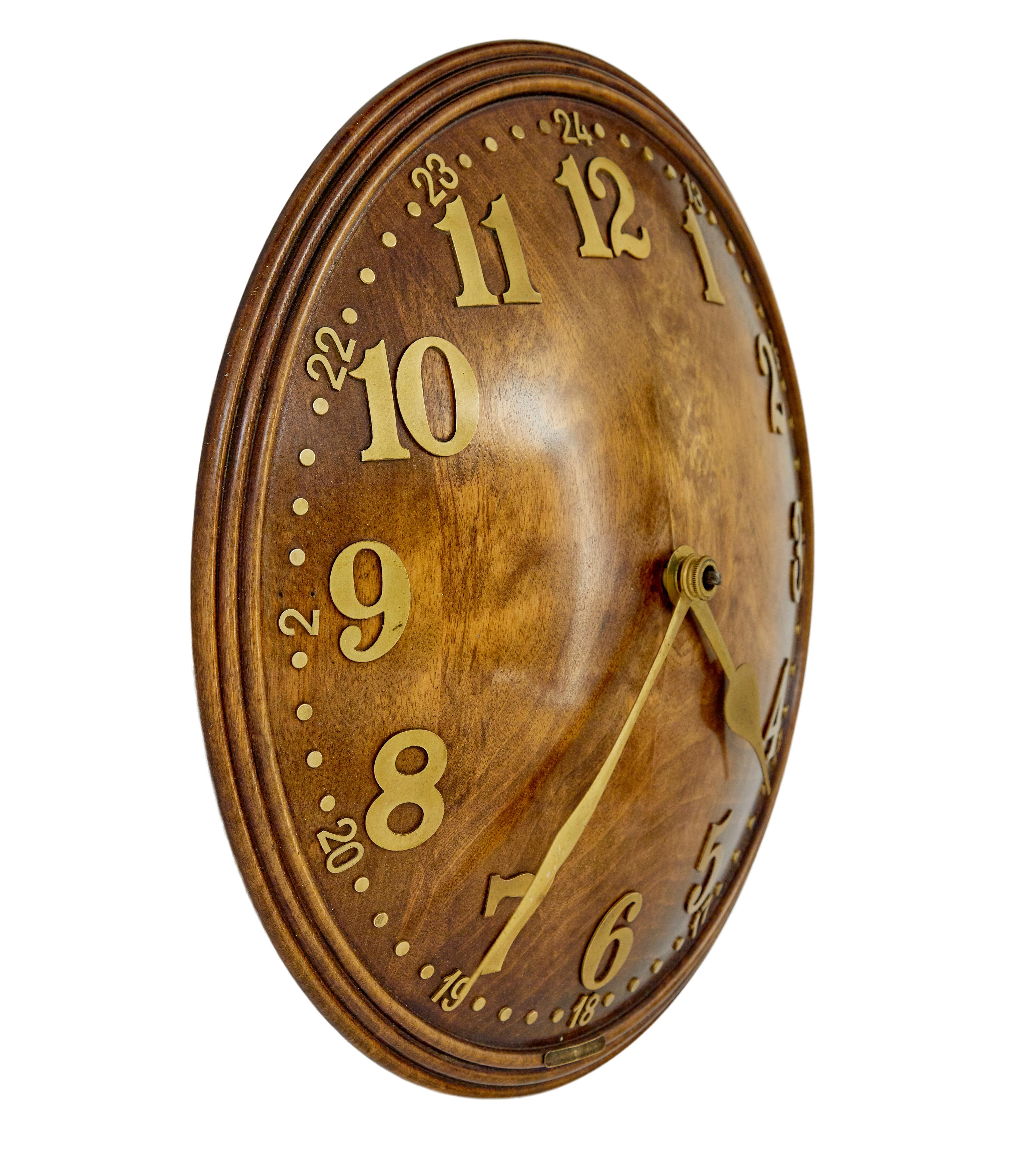 Art Deco 1930’s wood and brass convex wall clock by Zenith