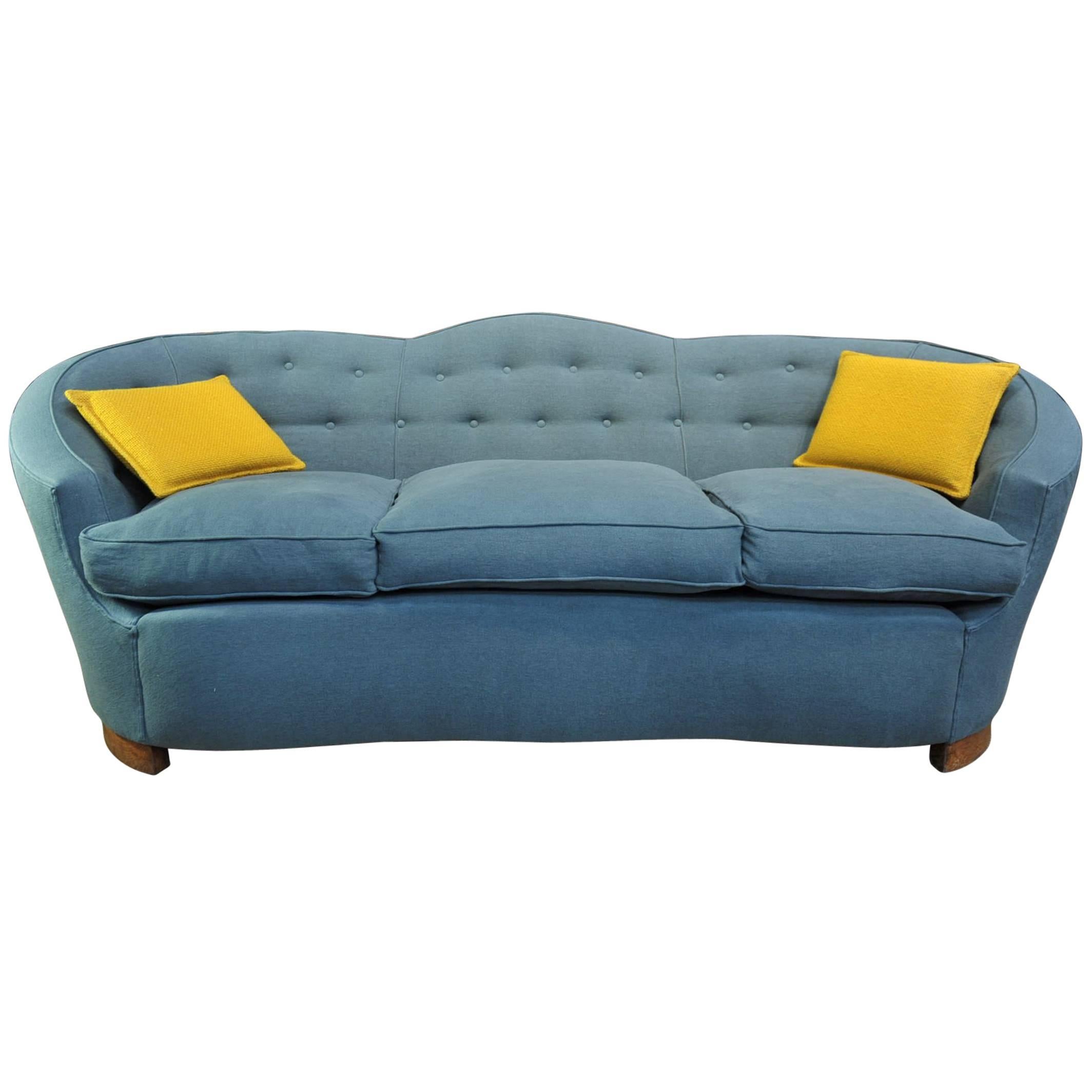 1930s Wood and Fabric Sofa Reupholstered in Grey Fabric For Sale at 1stDibs