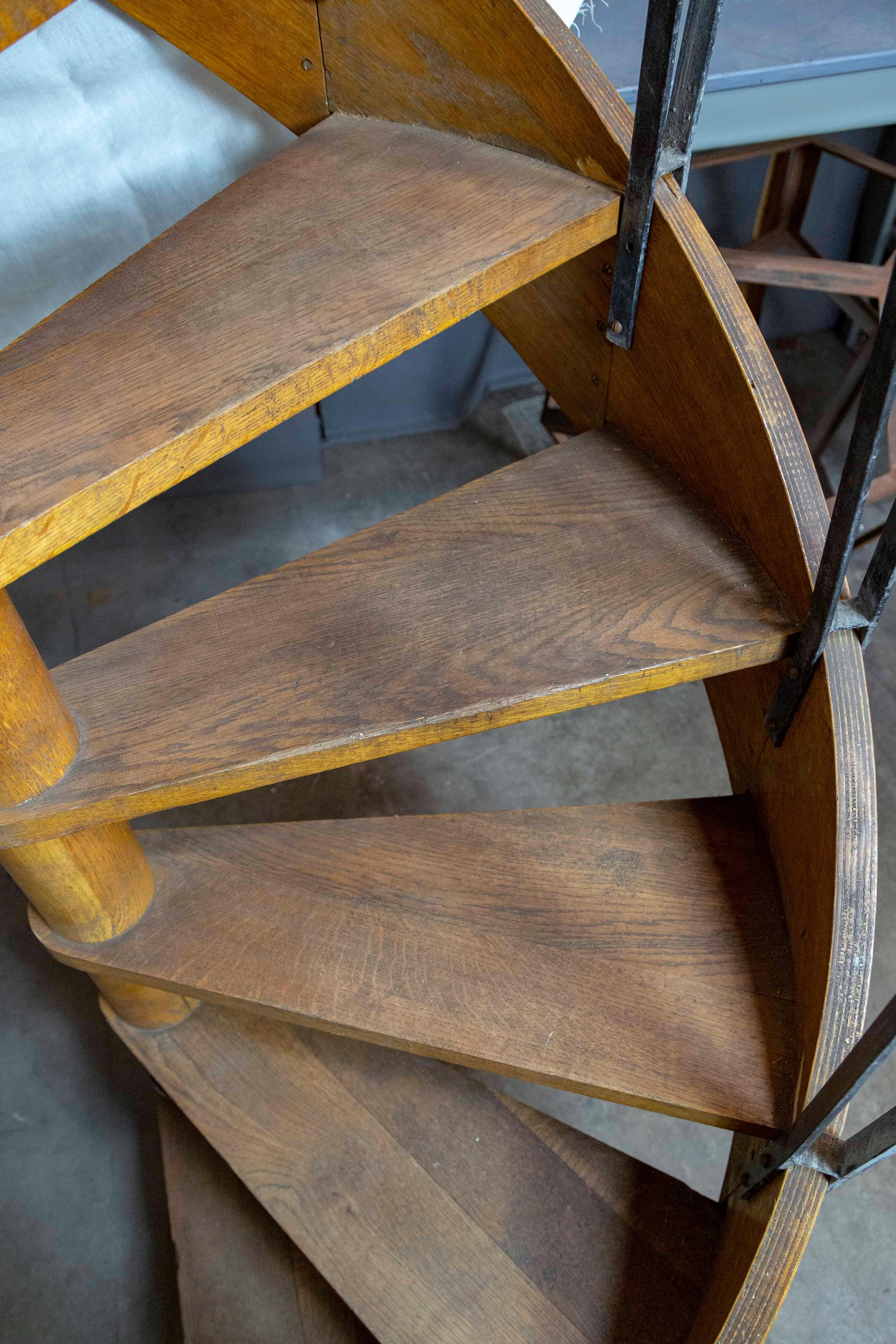 1930s Wood Spiral Staircase with Wrought Iron Balusters and Rope Railing 3