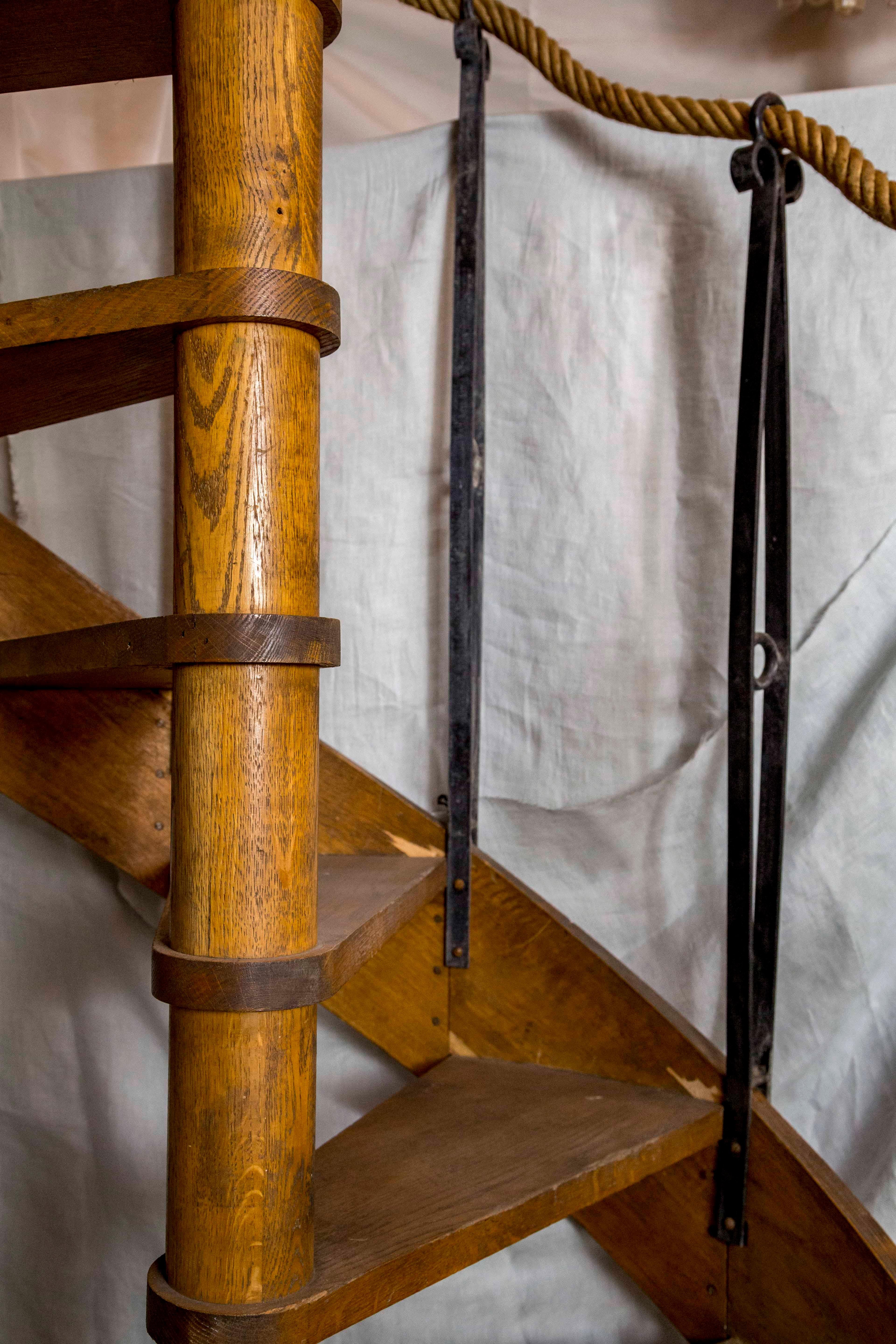 1930s Wood Spiral Staircase with Wrought Iron Balusters and Rope Railing 4