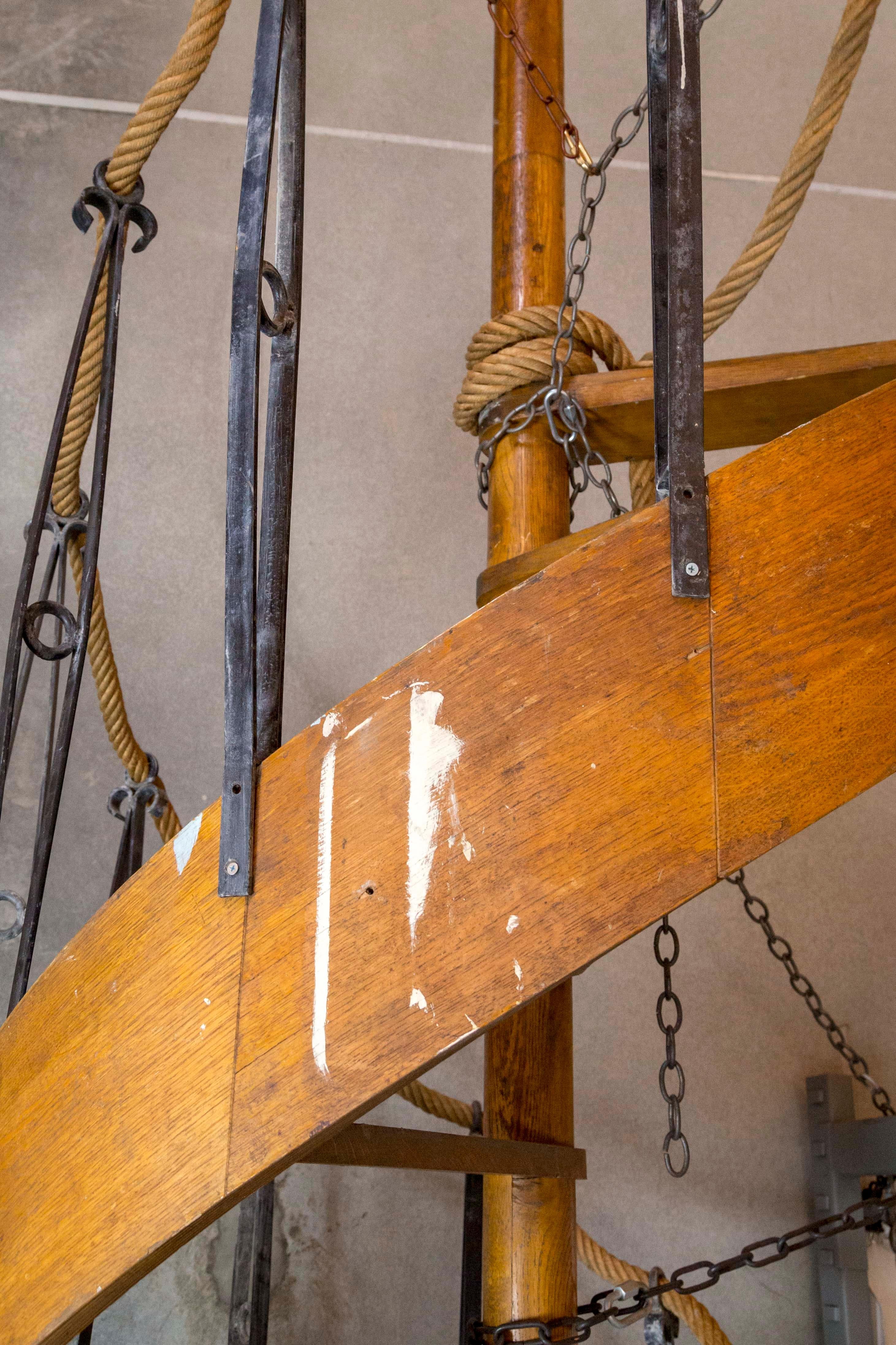 1930s Wood Spiral Staircase with Wrought Iron Balusters and Rope Railing 8