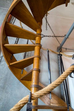 1930s Wood Spiral Staircase with Wrought Iron Balusters and Rope Railing