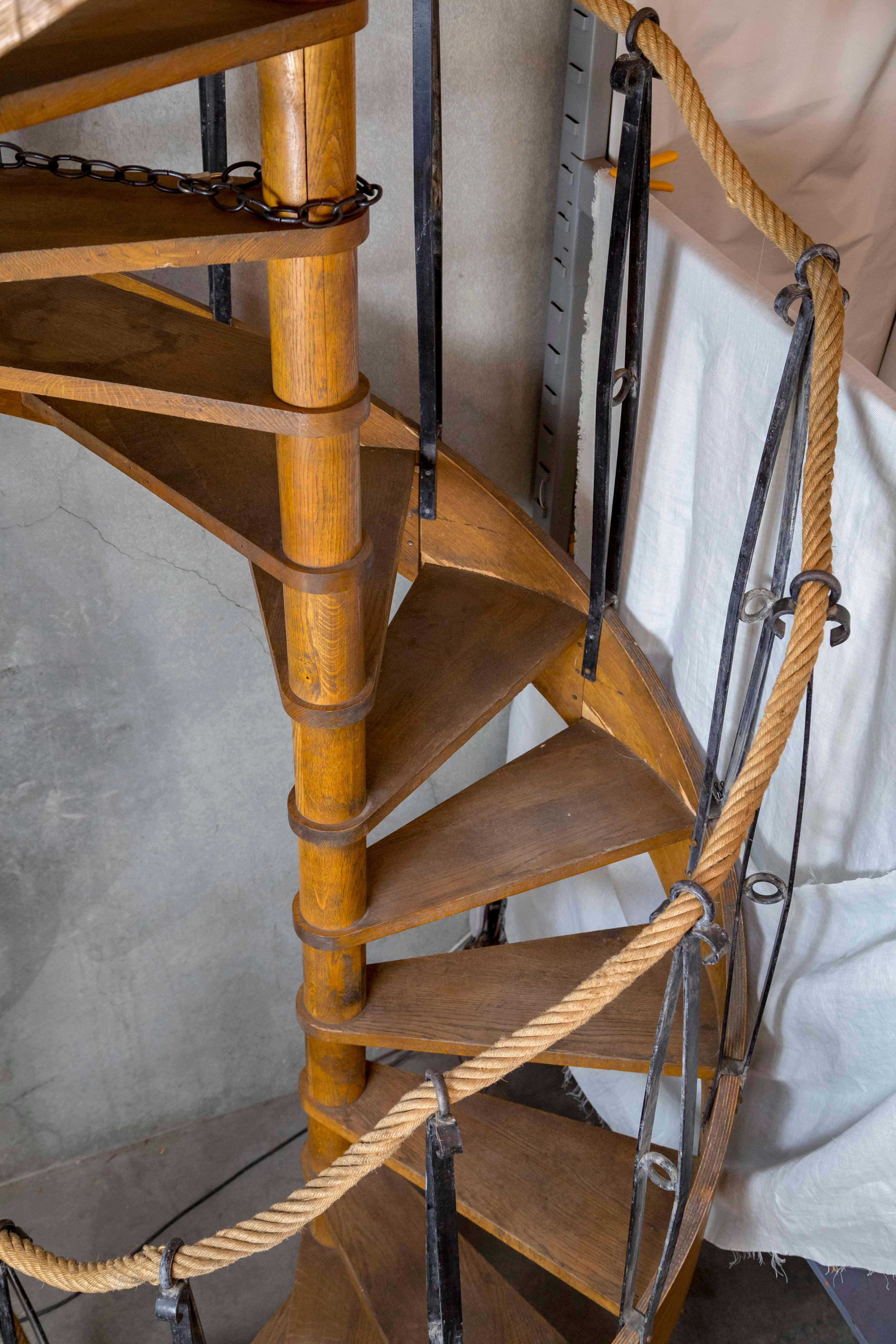 1930s Wood Spiral Staircase with Wrought Iron Balusters and Rope Railing In Good Condition In San Francisco, CA