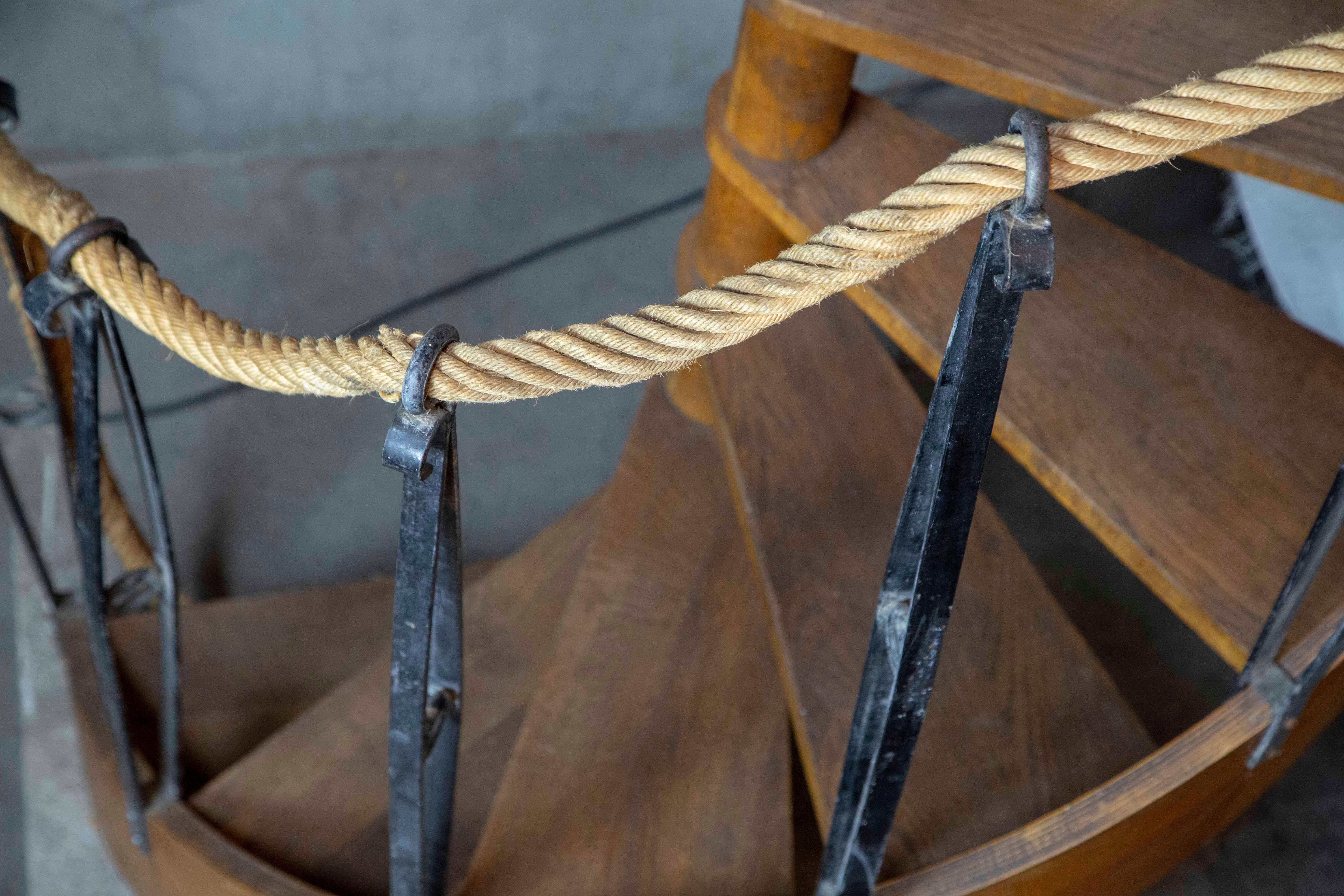 1930s Wood Spiral Staircase with Wrought Iron Balusters and Rope Railing 2