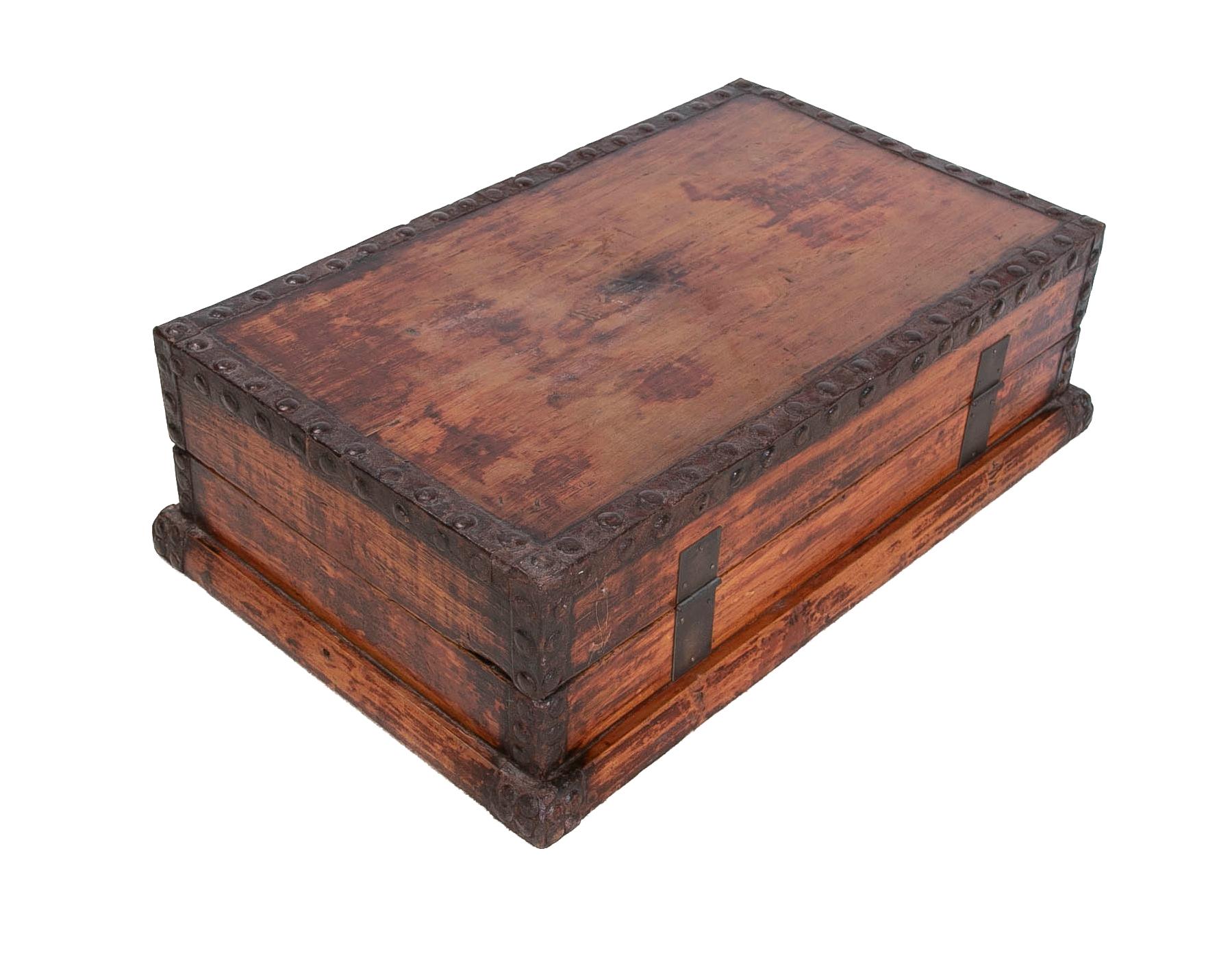 1930s Wooden Box with Iron Corners For Sale 4