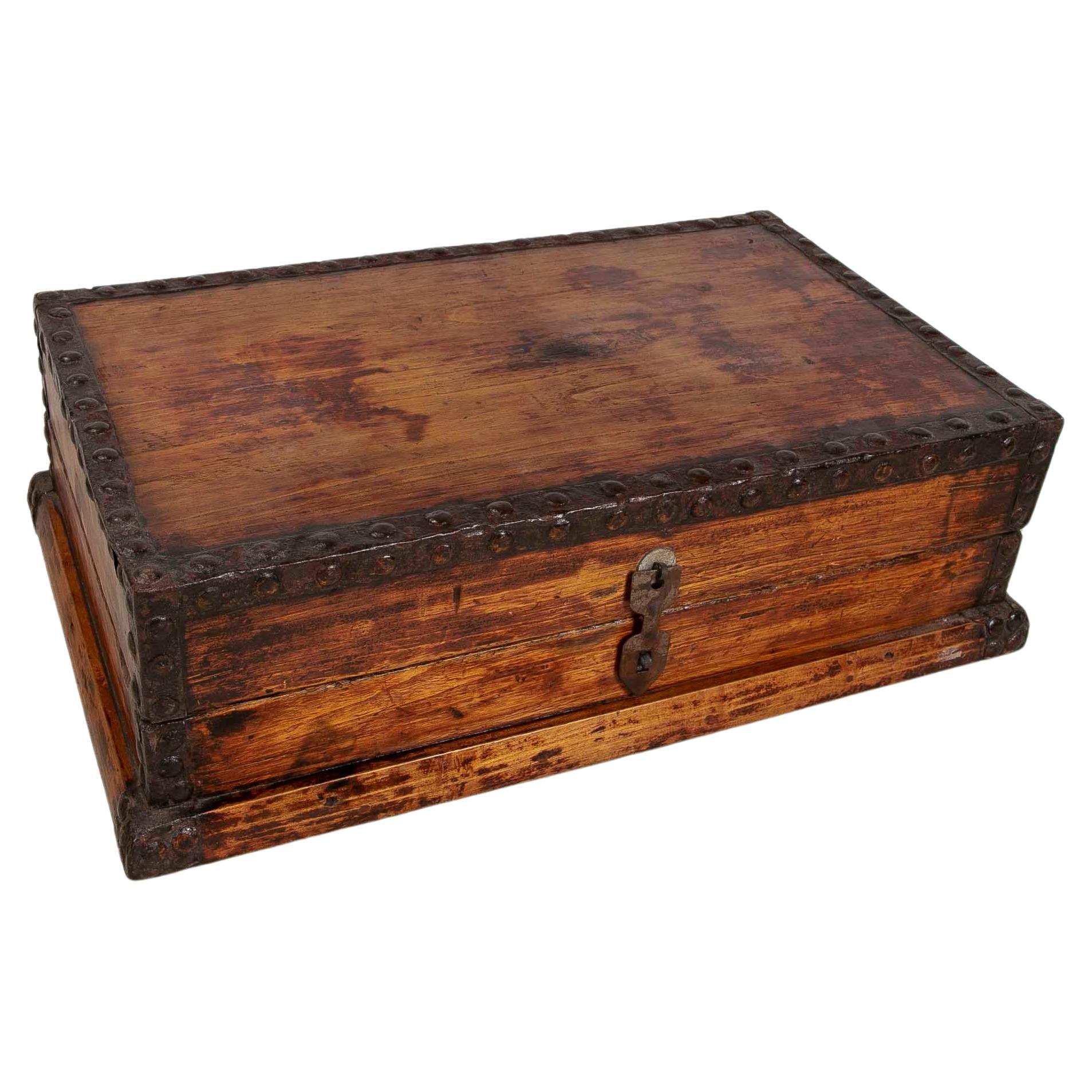 1930s Wooden Box with Iron Corners For Sale