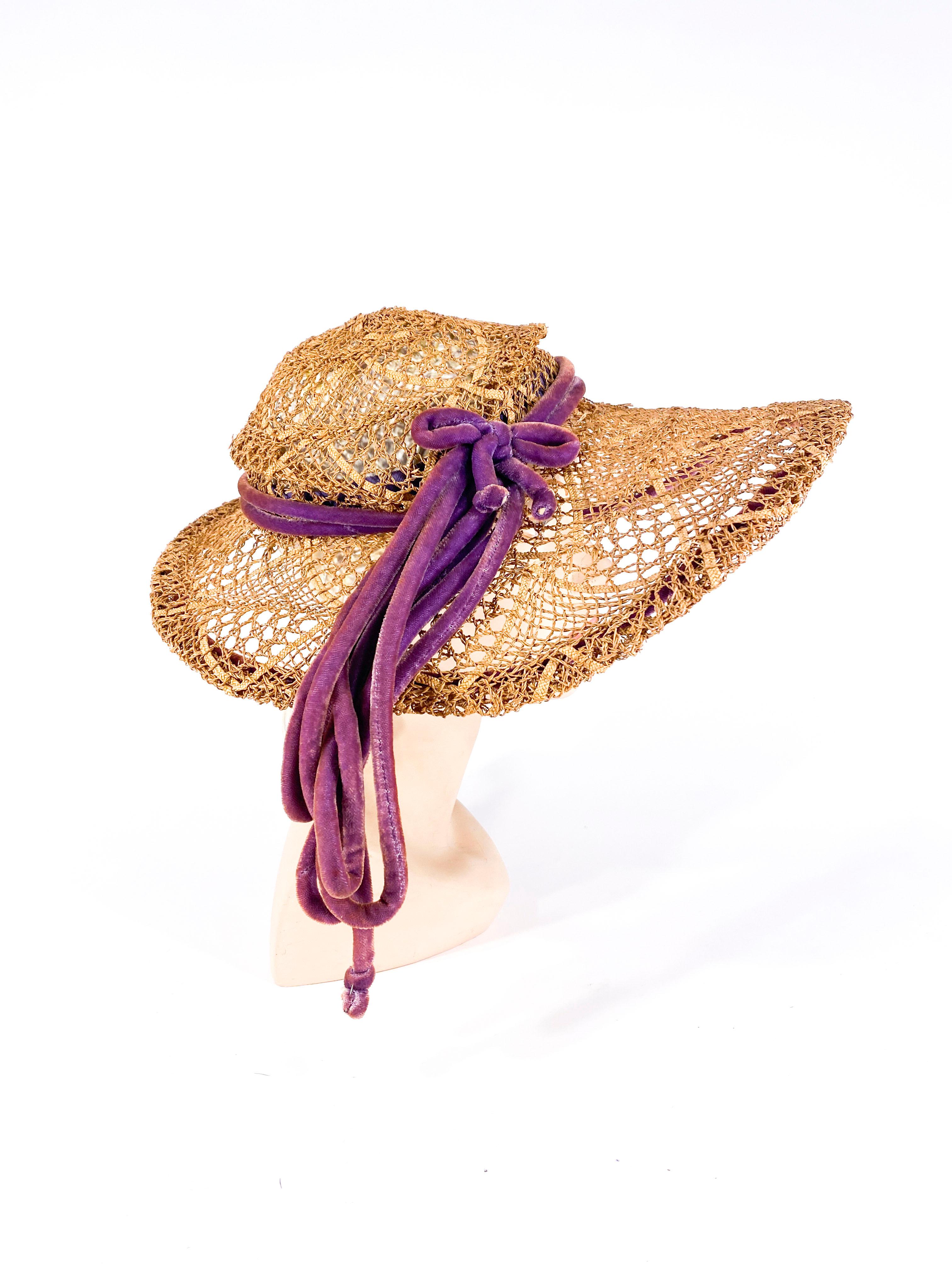 Beige 1930s Woven Straw Summer Picture Hat with Purple Velvet Cord Accent