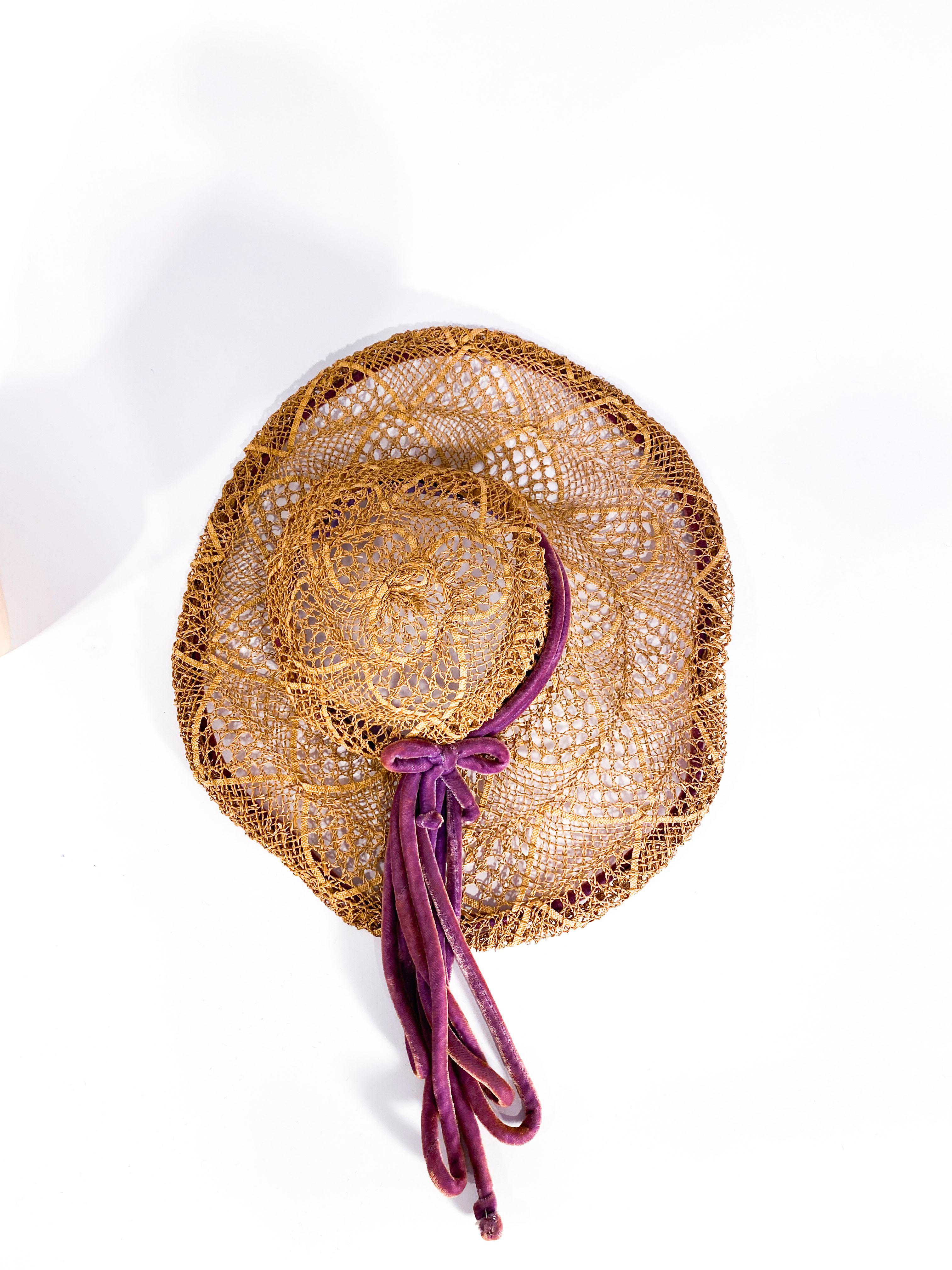 Women's 1930s Woven Straw Summer Picture Hat with Purple Velvet Cord Accent