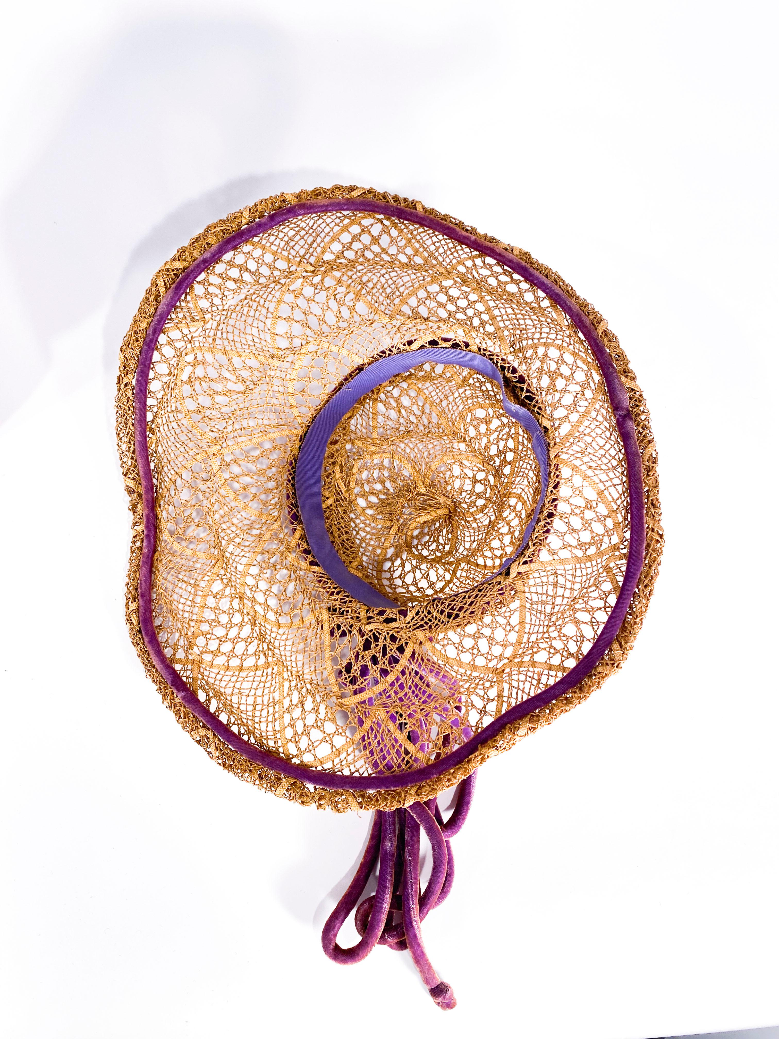 1930s Woven Straw Summer Picture Hat with Purple Velvet Cord Accent 1