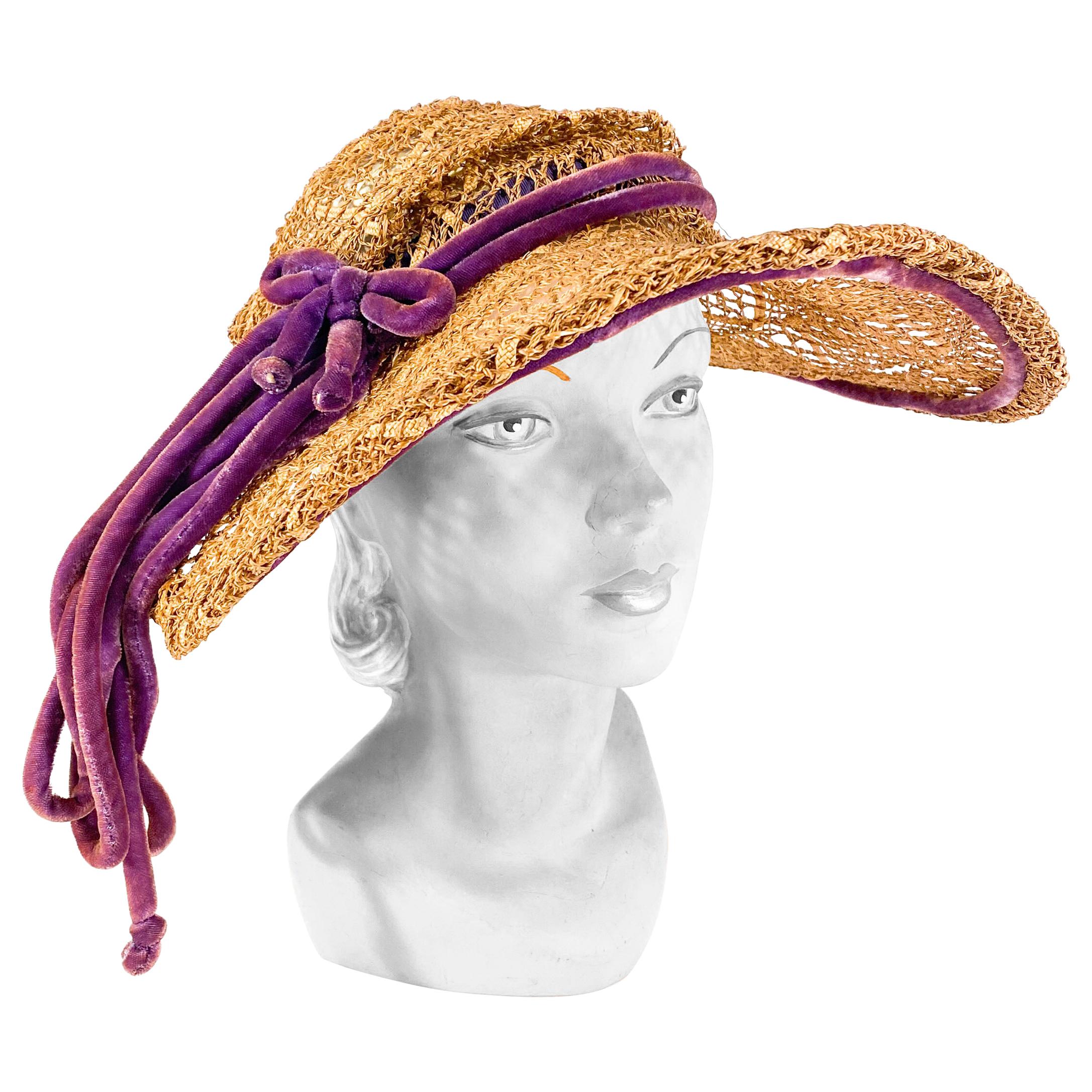 1930s Woven Straw Summer Picture Hat with Purple Velvet Cord Accent
