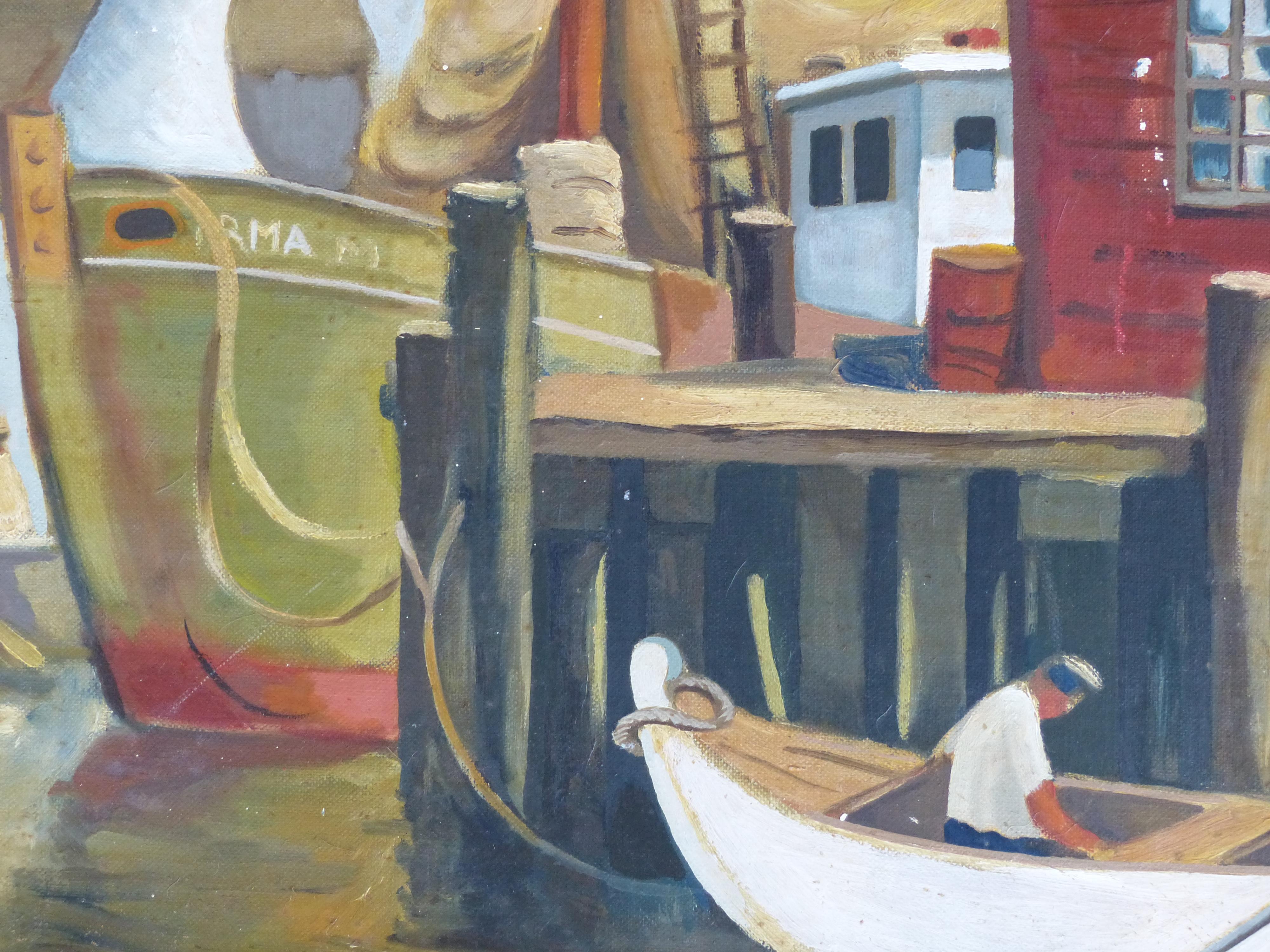 1930s WPA American School Shipyard Oil Painting

Offered for sale is a 1930s WPA American School oil painting of a shipyard with fishing boats. The work is oil paint on a Masonite panel and is newly framed in cerused oak with a bevelled linen