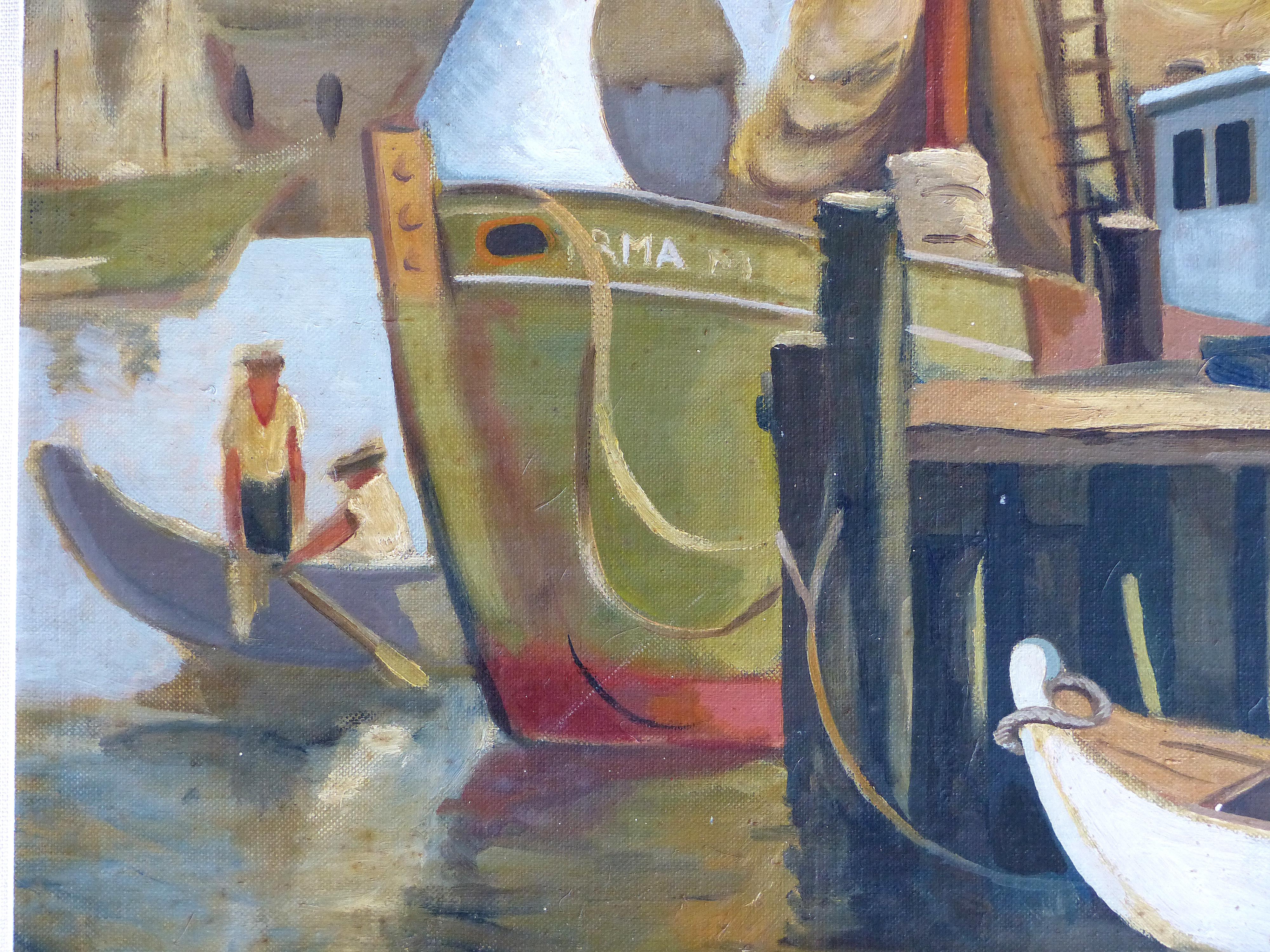 Mid-Century Modern 1930s WPA American School Shipyard Oil Painting