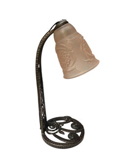 1930's Wrought iron and molded glass shade table lamp