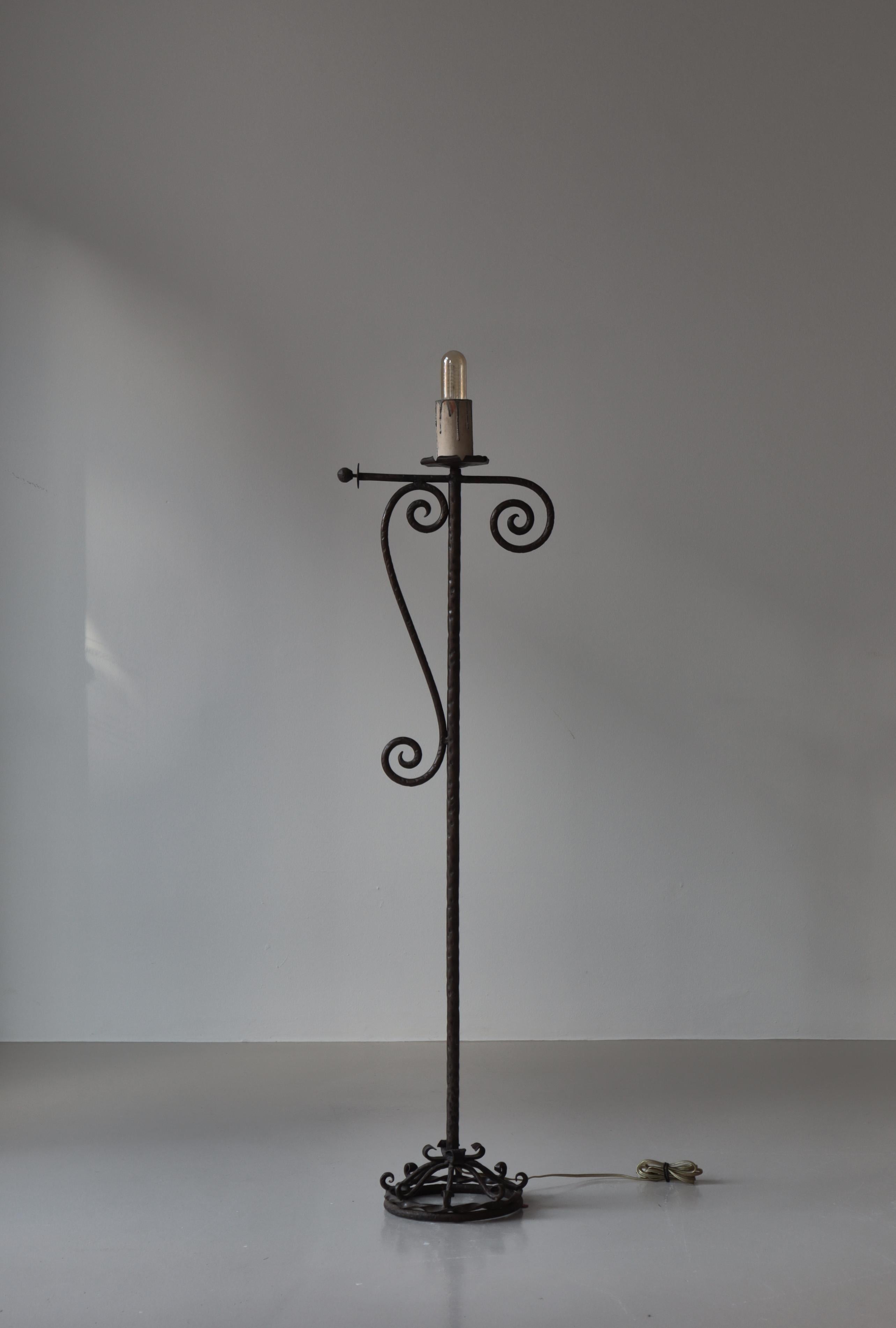 Mid-20th Century 1930s Wrought Iron Candle Light Floor Lamp Handmade Romantic Modernism, Denmark For Sale