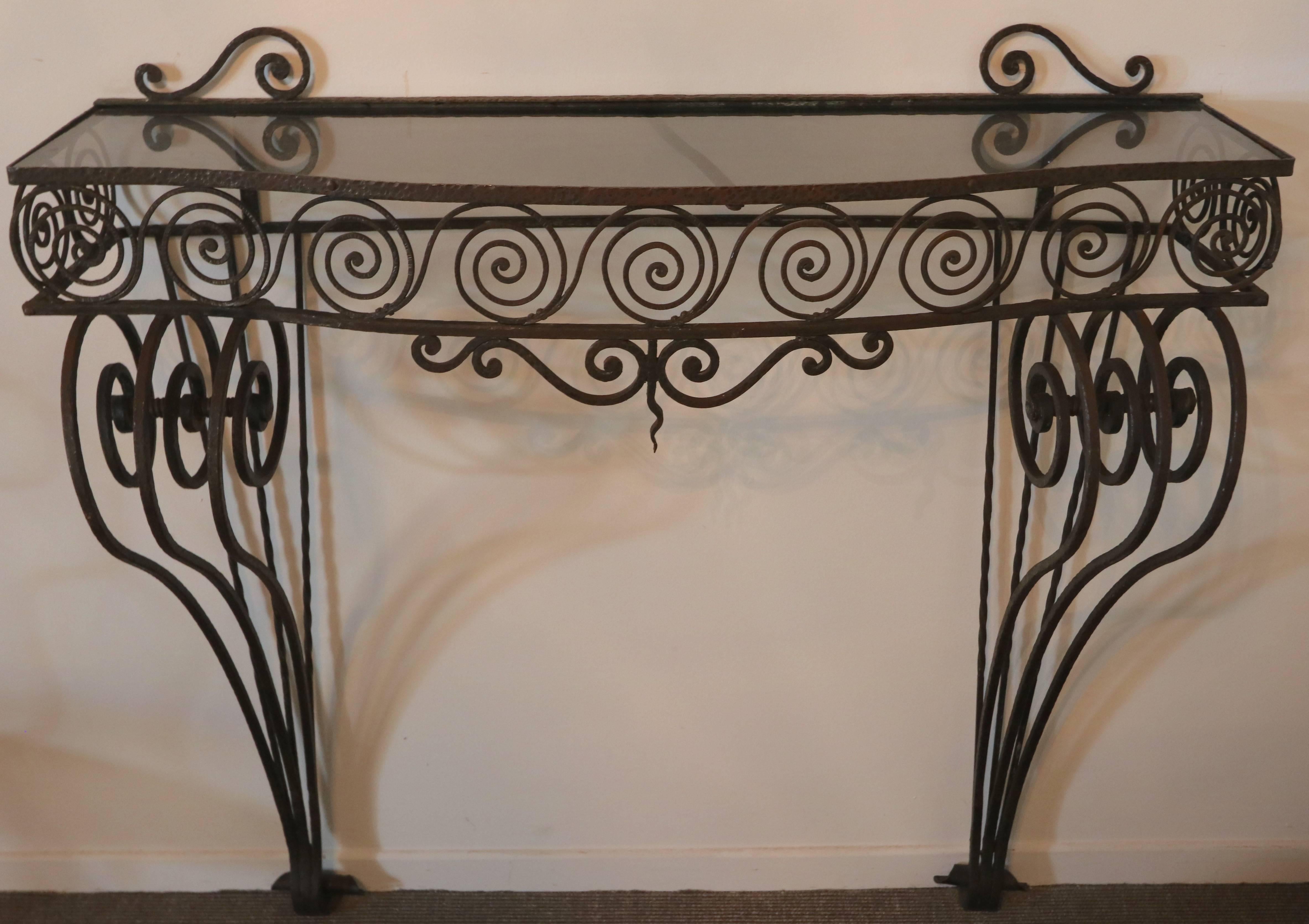 Art Nouveau 1930s Wrought Iron Console with Glass Top and Mirror For Sale