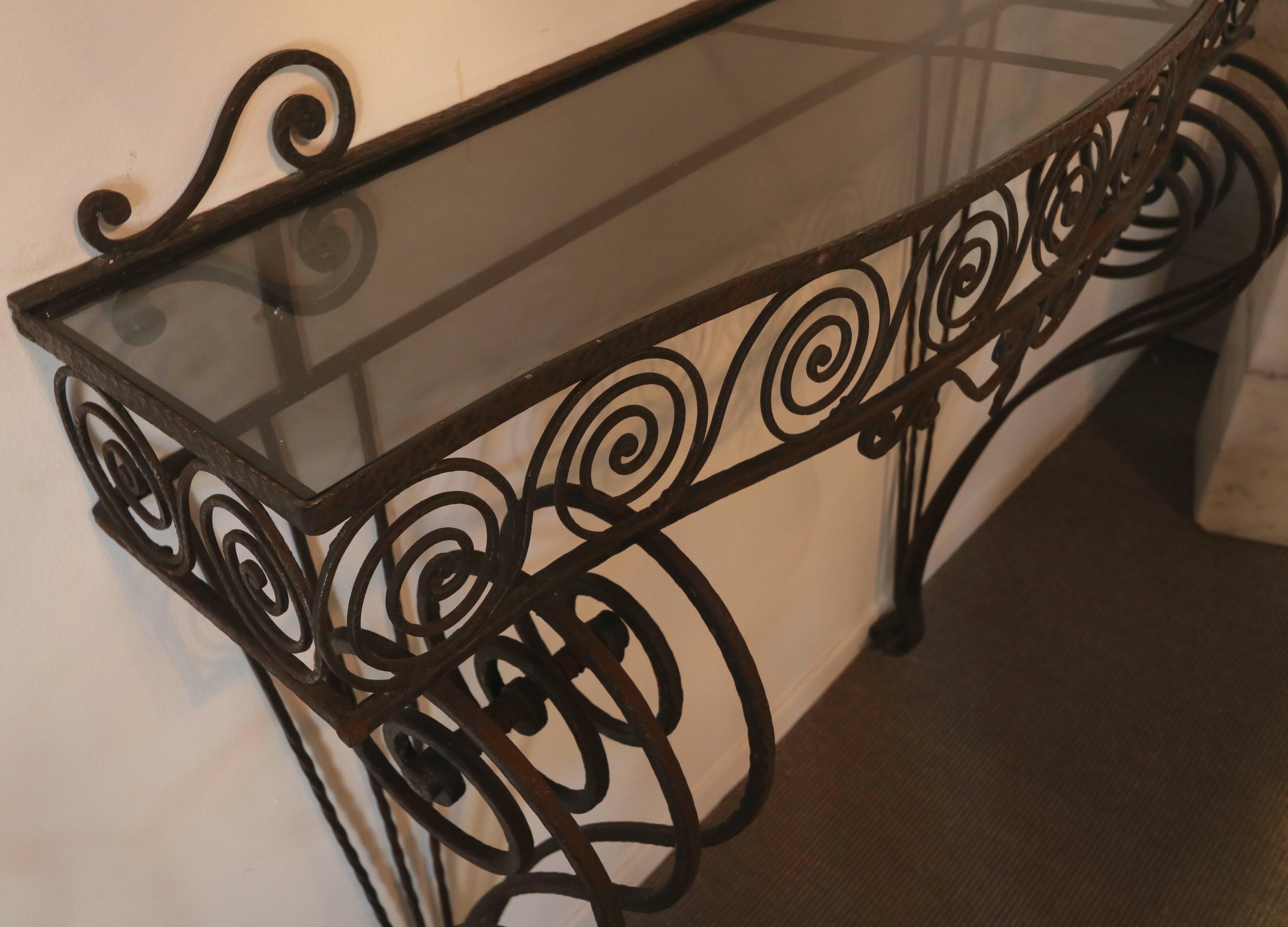 Mid-20th Century 1930s Wrought Iron Console with Glass Top and Mirror For Sale