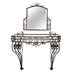 Vintage 1930s Wrought Iron Console with Glass Top and Mirror