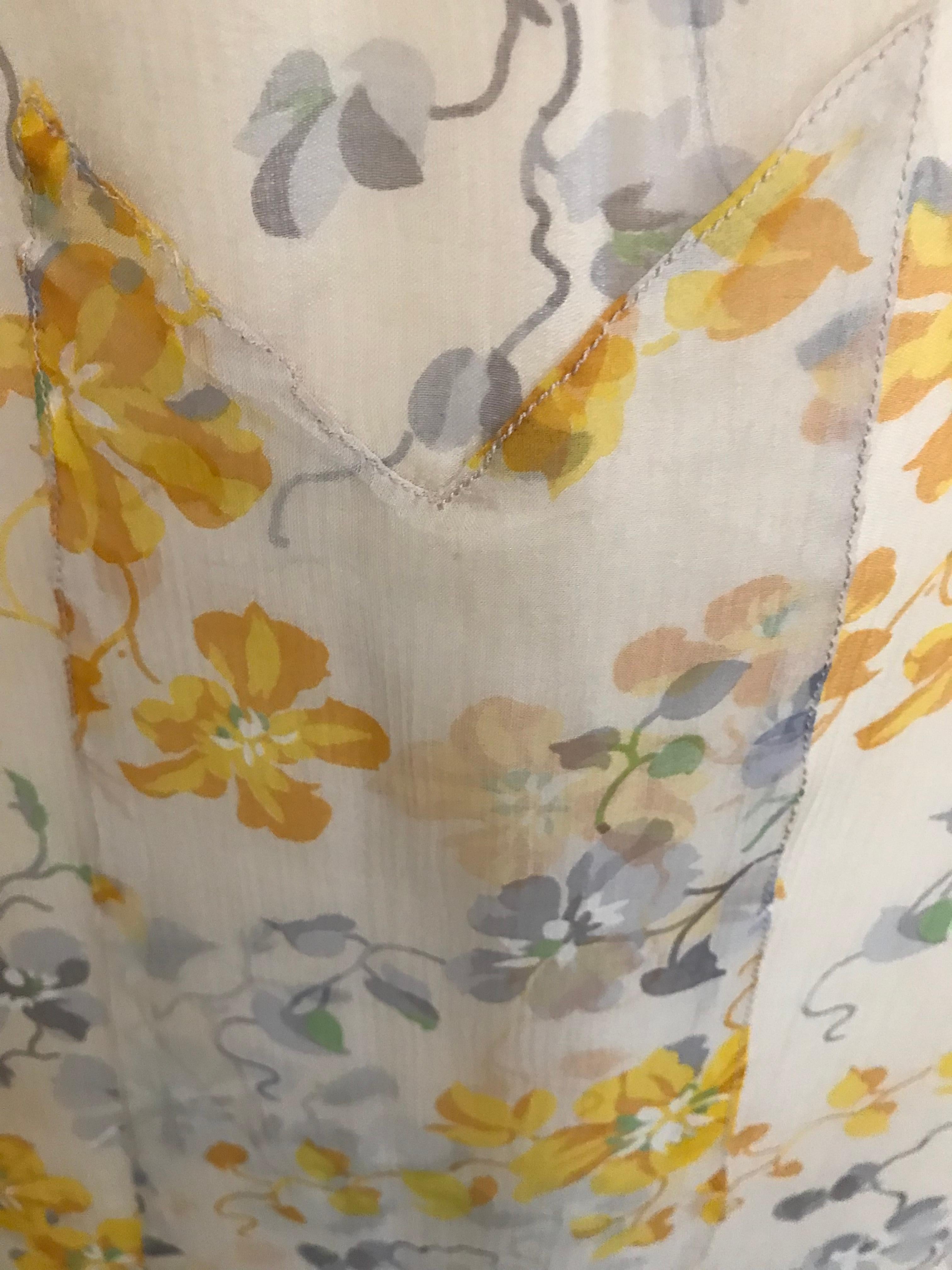 1930s Yellow and Grey Floral Print Silk Chiffon Sleeveless Dress In Good Condition In Beverly Hills, CA