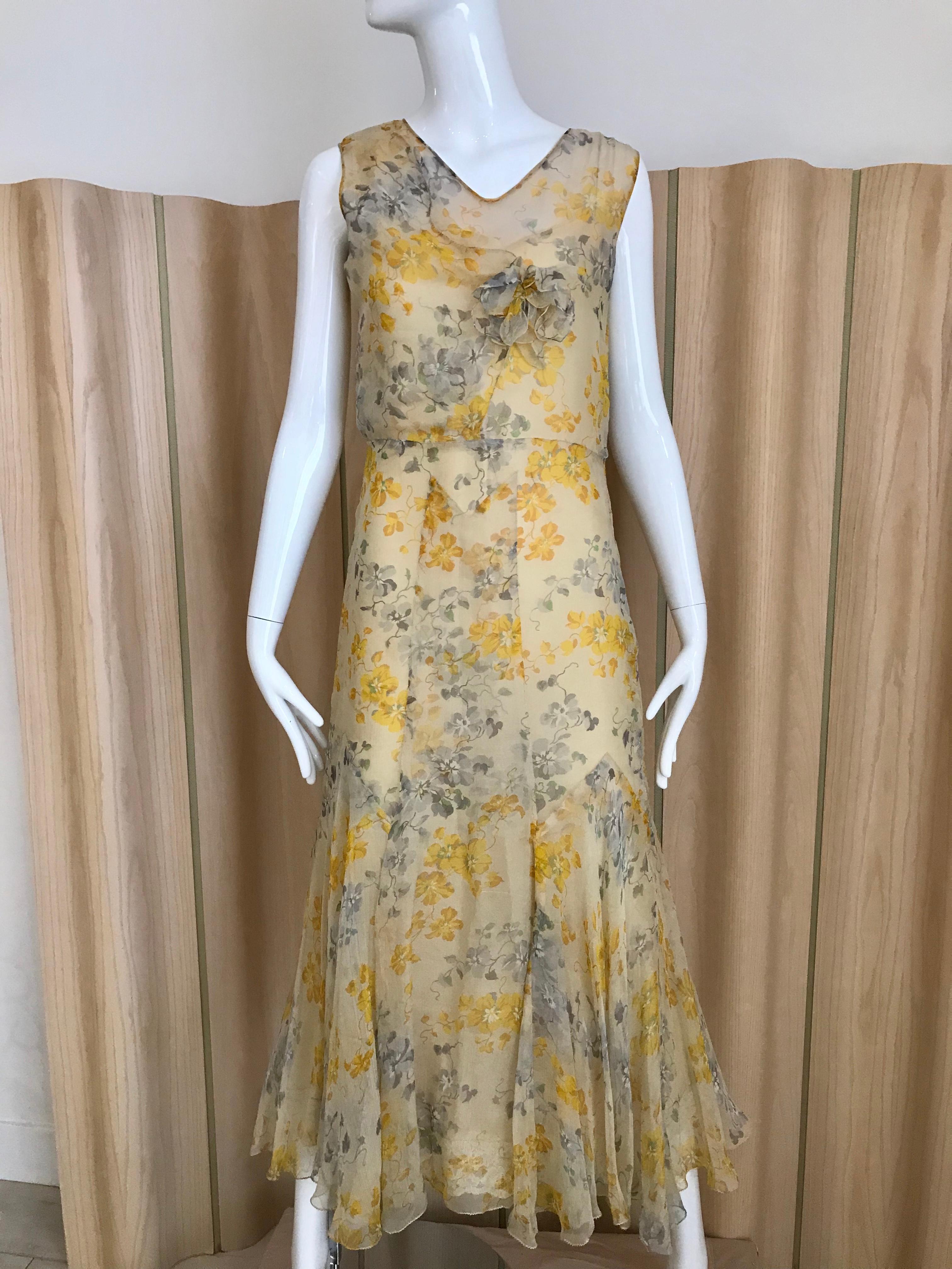 Women's or Men's 1930s Yellow and Grey Floral Print Silk Chiffon Sleeveless Dress