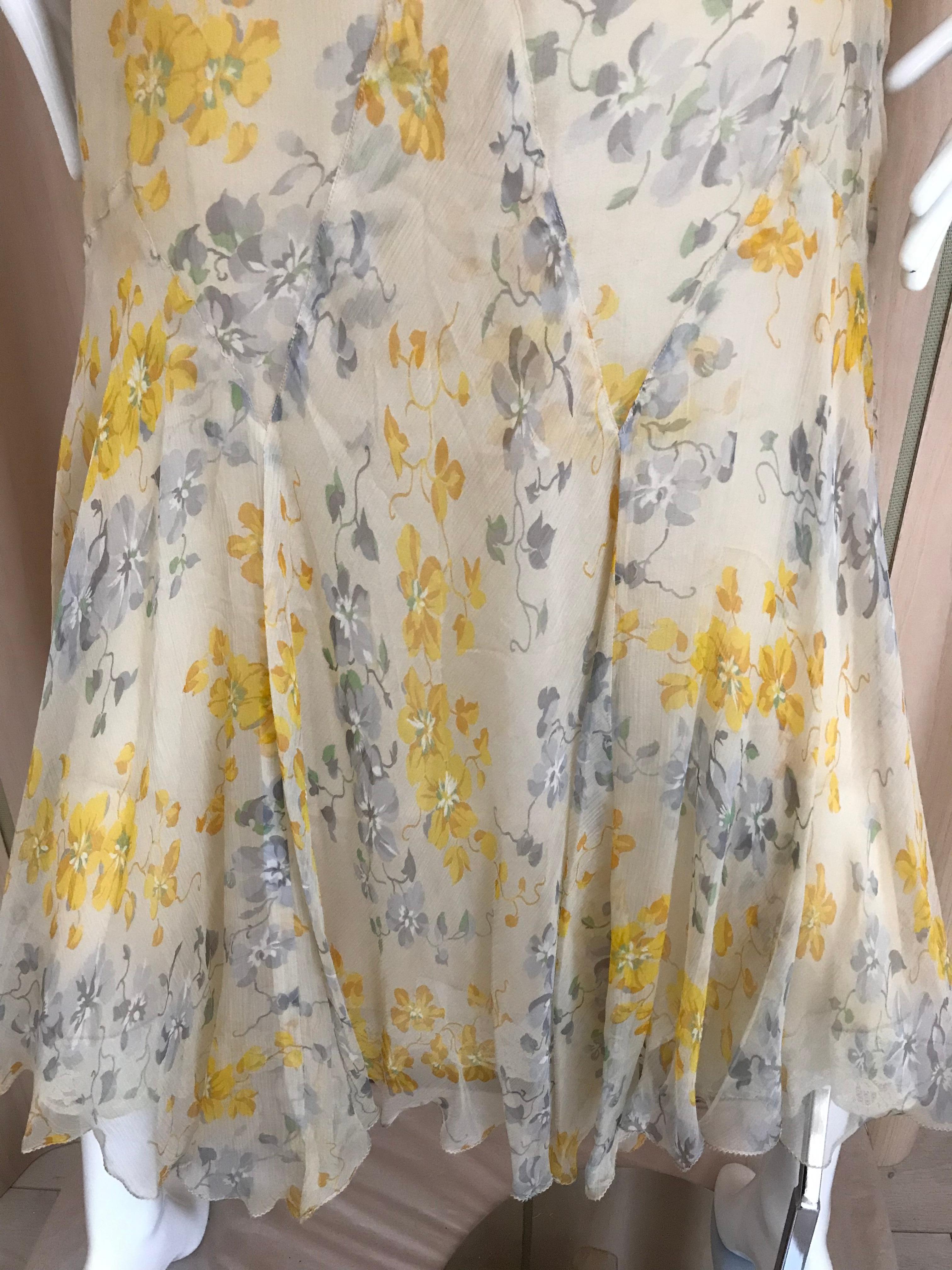 1930s Yellow and Grey Floral Print Silk Chiffon Sleeveless Dress 1