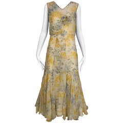 1930s Yellow and Grey Floral Print Silk Chiffon Sleeveless Dress