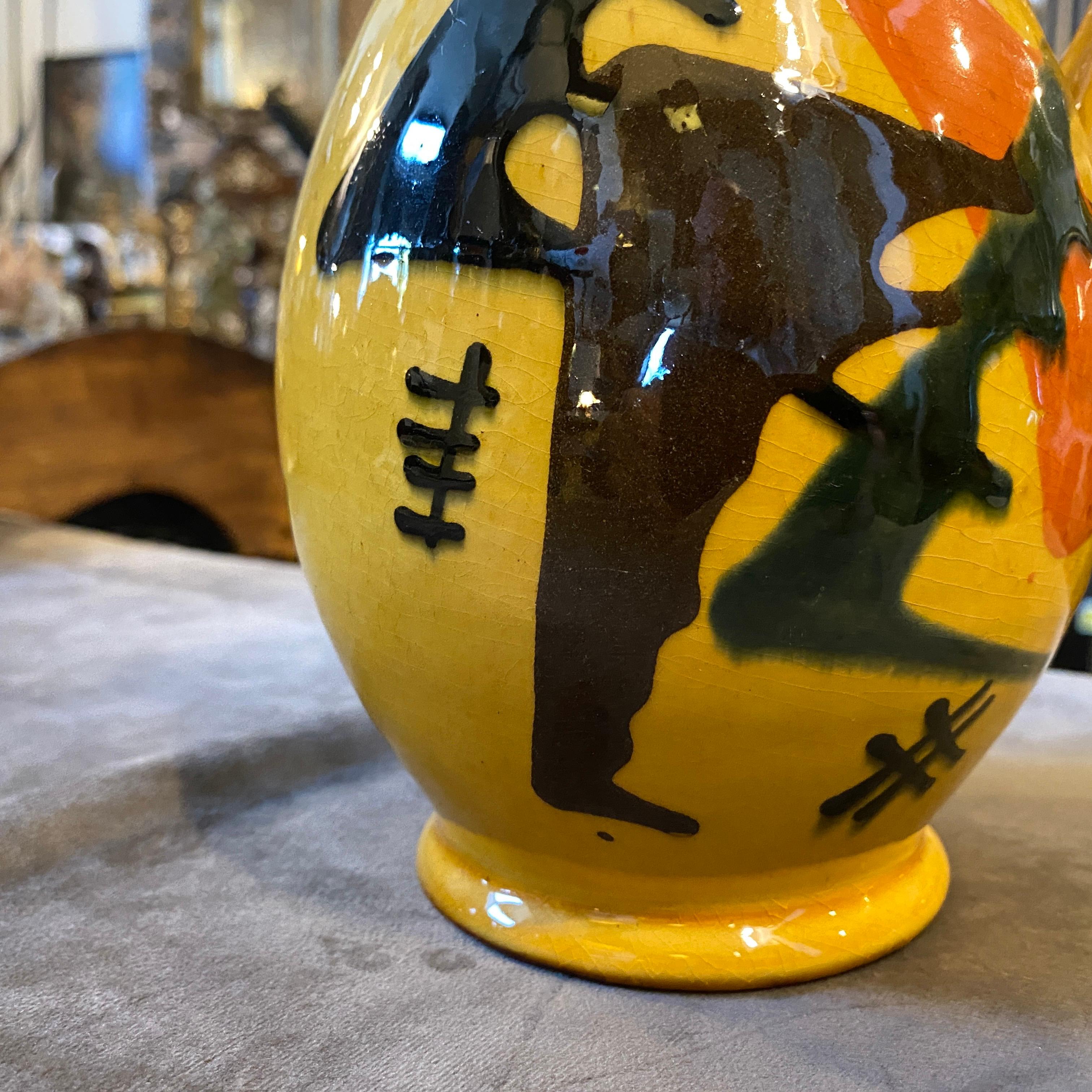 Hand-Painted 1930s Yellow, Brown and Orange Futurist Ceramic Italian Jug For Sale