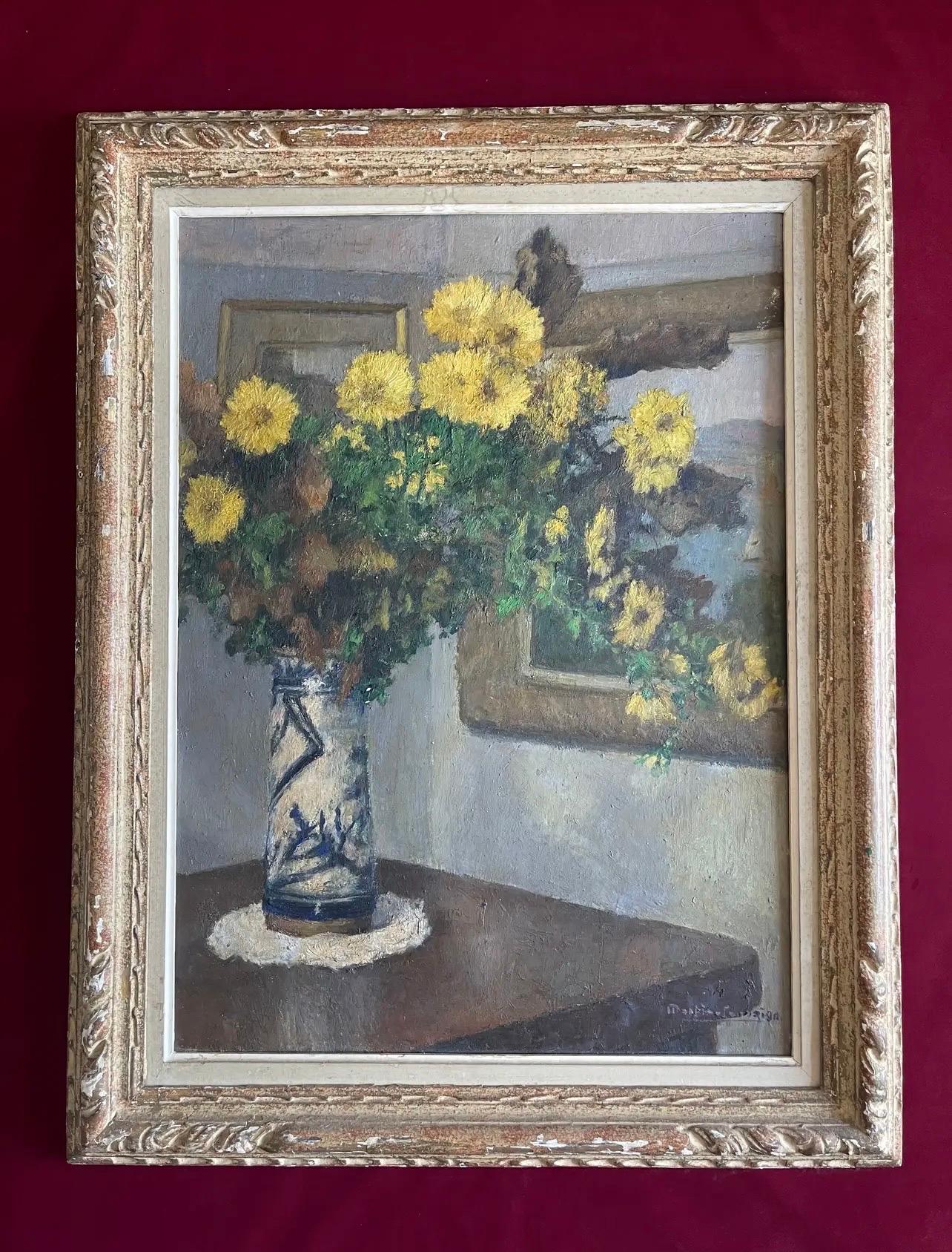 20ième siècle Nature morte aux marguerites jaunes des années 1930, peinture à l'huile encadrée en vente
