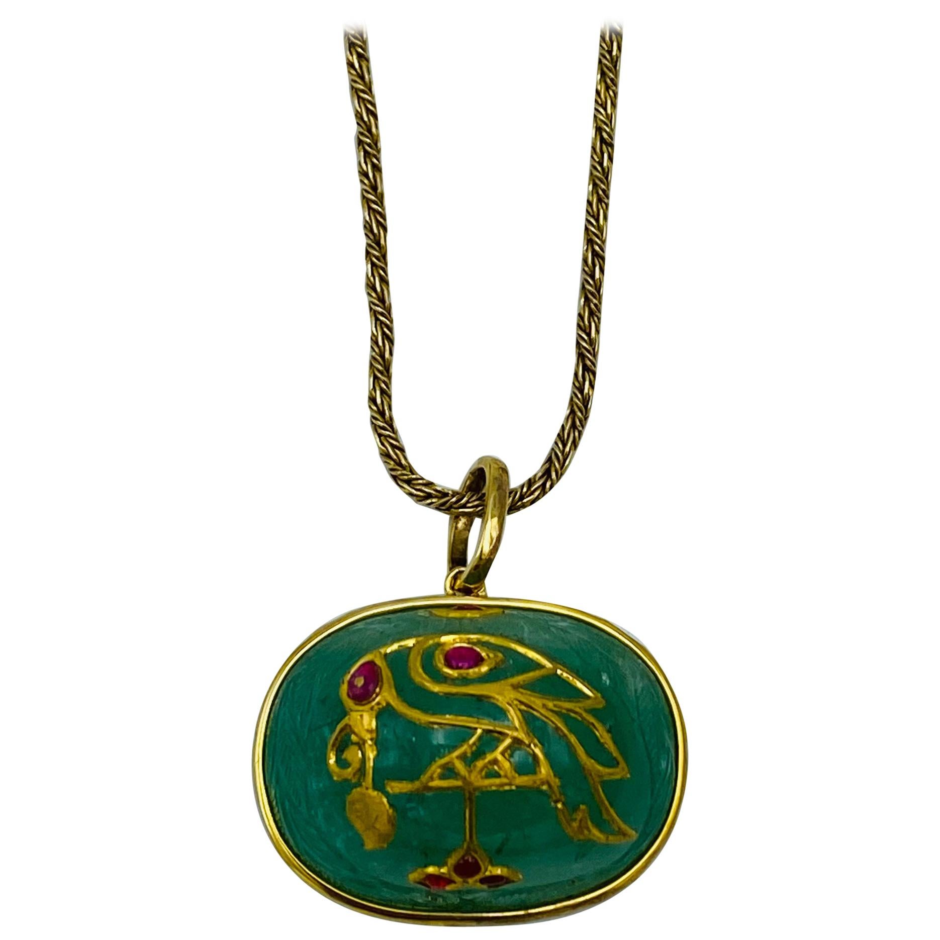 1930’s Yellow Gold, Carved Emerald and Ruby Pendant Chain Necklace