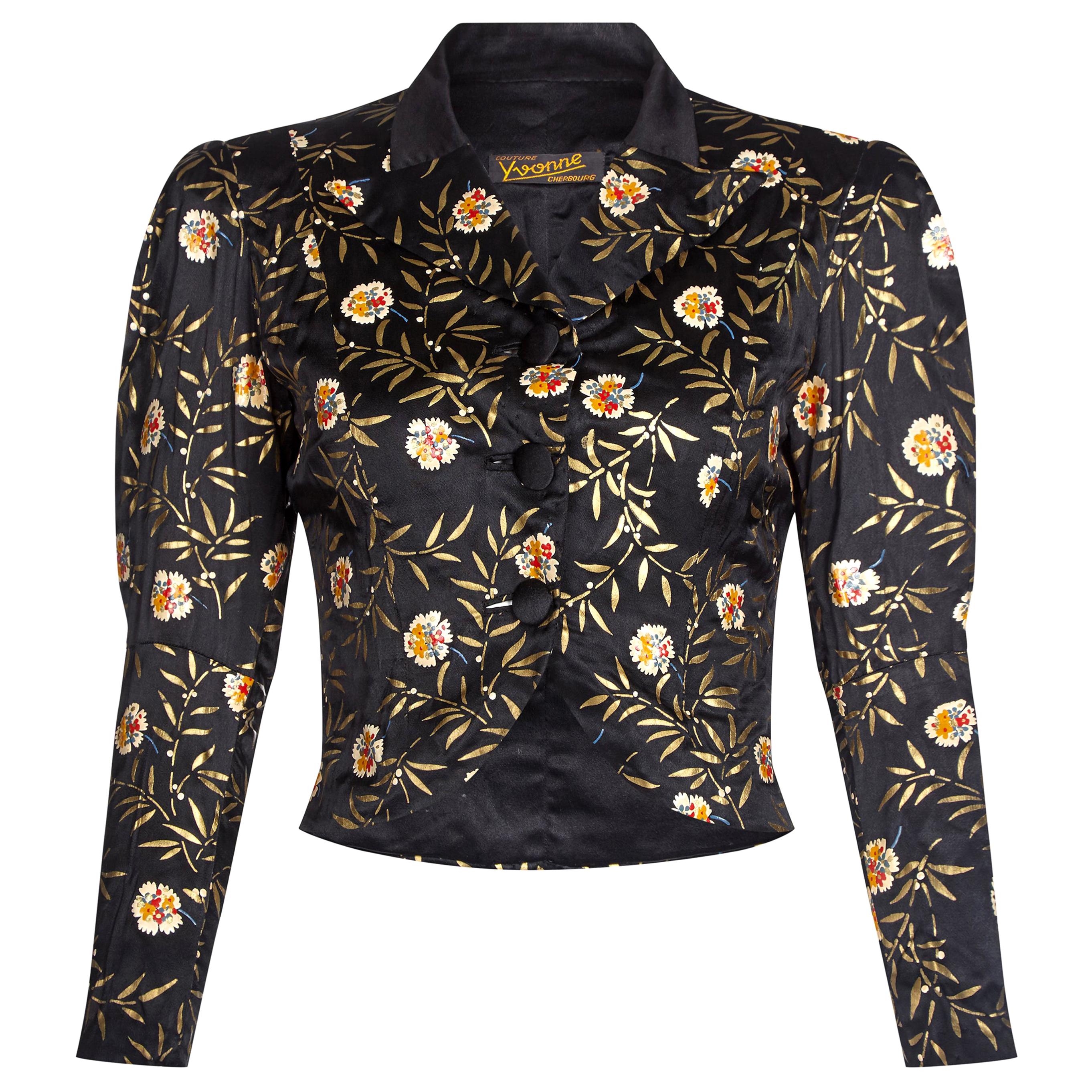 1930s Yvonne of Cherbourg Black Hand Painted Silk Cropped Jacket For Sale
