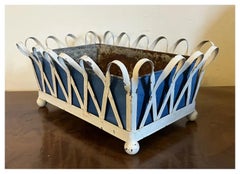 1930's Zinc Basketweave Cachepot Planter or Jardiniere with Blue Tole Liner