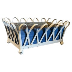1930's Zinc Basketweave Cachepot Planter or Jardiniere with Blue Tole Liner