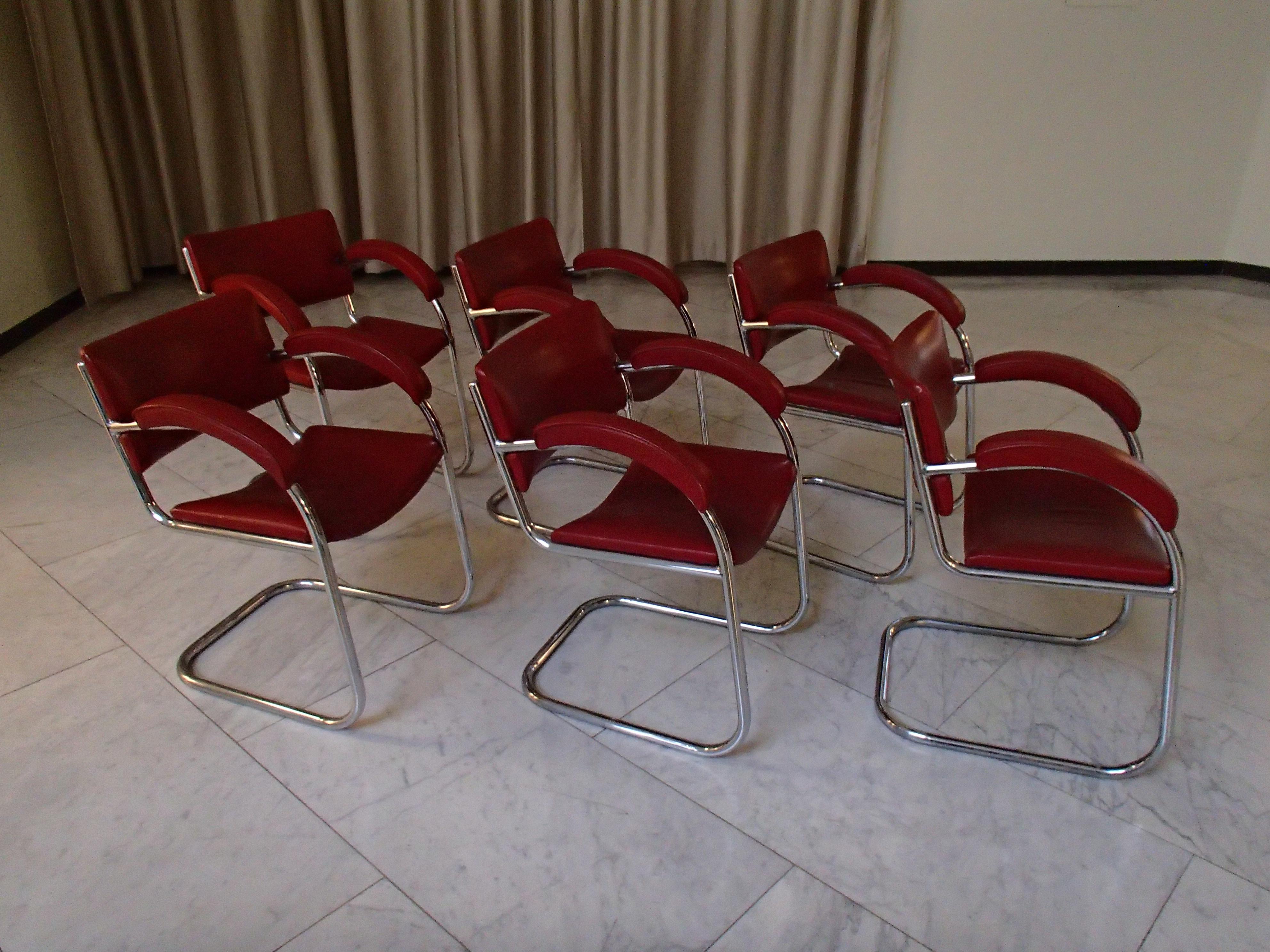 1930thies 6 Red Leather Armchairs by Serge Chermayeff for PEL For Sale 6