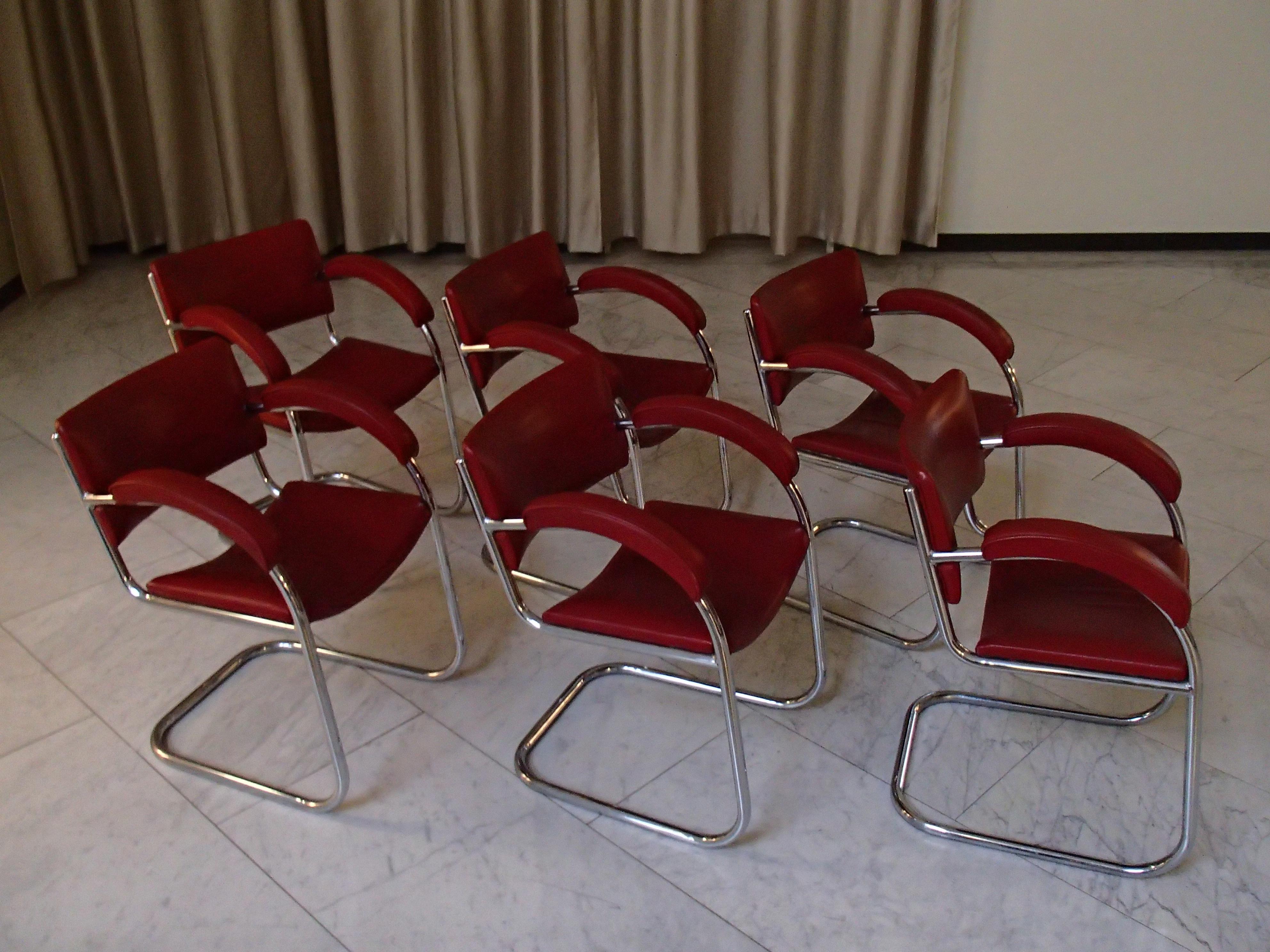 1930thies 6 Red Leather Armchairs by Serge Chermayeff for PEL For Sale 7