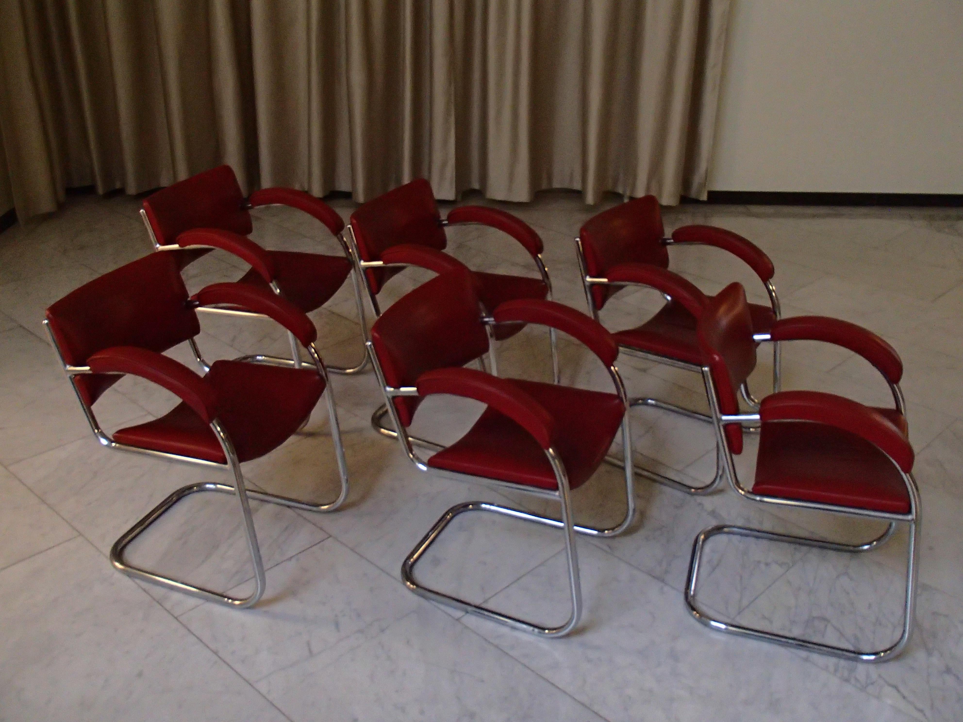 1930thies 6 Red Leather Armchairs by Serge Chermayeff for PEL For Sale 8